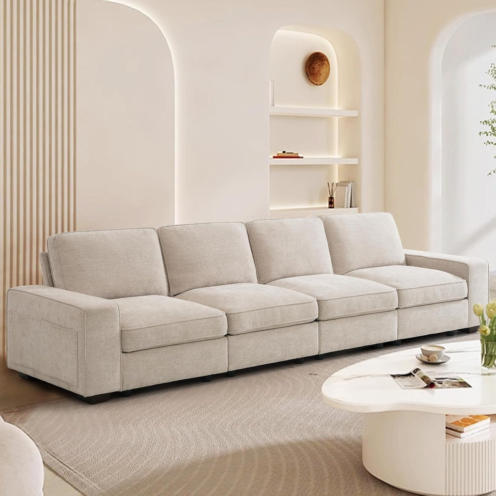 TEKAMON 128' Modular Sofa Couch with Large Seats Storage, Chenille Sofa,Modern Comfy 4-Seater Couch for Living Room, Office, Deep Seat, Wide Armrest, Side Pockets, USB Port, Removable Covers, Beige