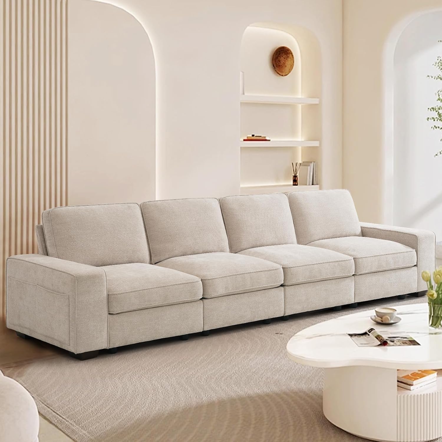 TEKAMON 128' Modular Sofa Couch with Large Seats Storage, Chenille Sofa,Modern Comfy 4-Seater Couch for Living Room, Office, Deep Seat, Wide Armrest, Side Pockets, USB Port, Removable Covers, Beige