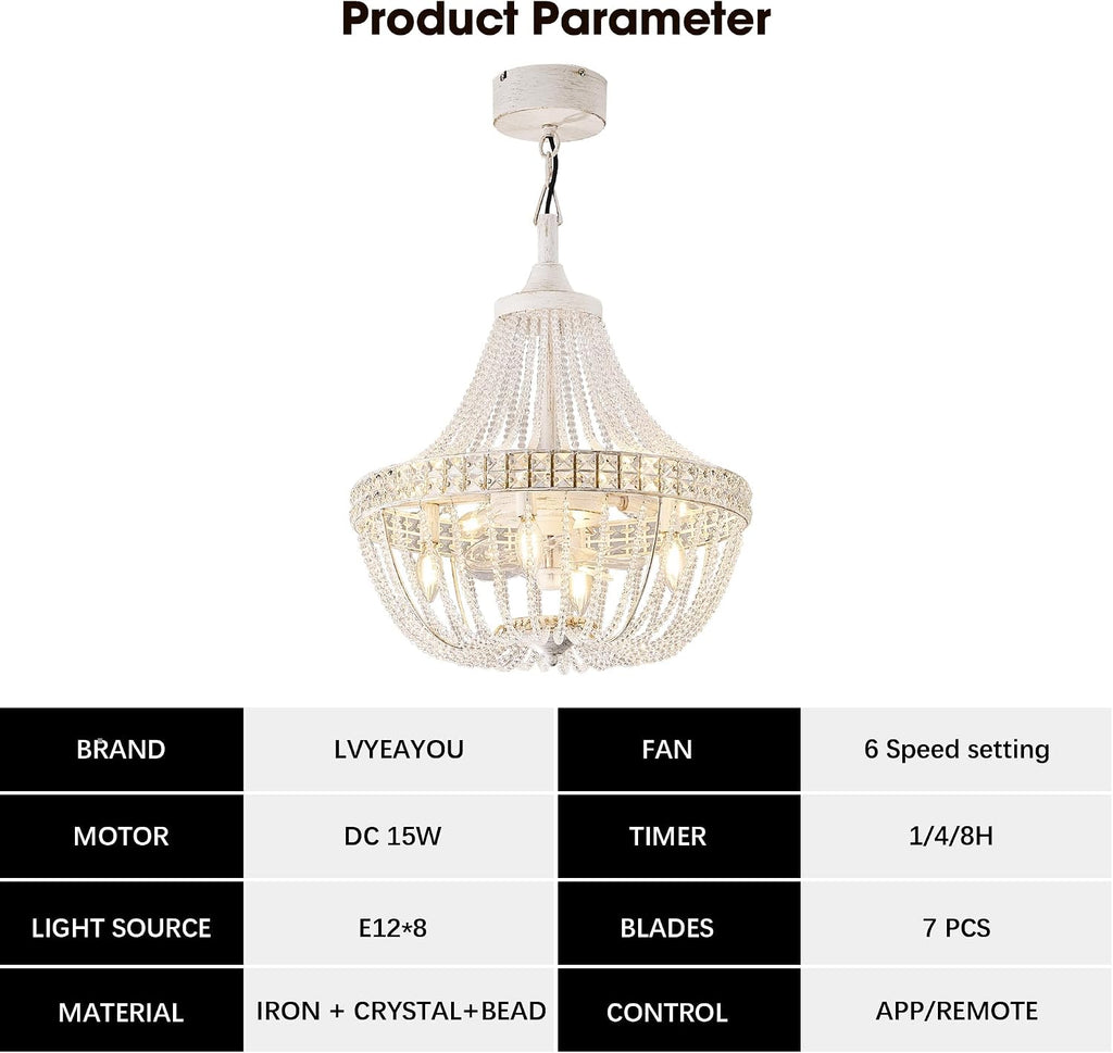 20' Modern Crystal Chandelier Ceiling Fan with Lights, Remote & App Control, 6 Speed, 8-Lights French Empire Fandelier, for Bedroom, Dining Room (Retro White)