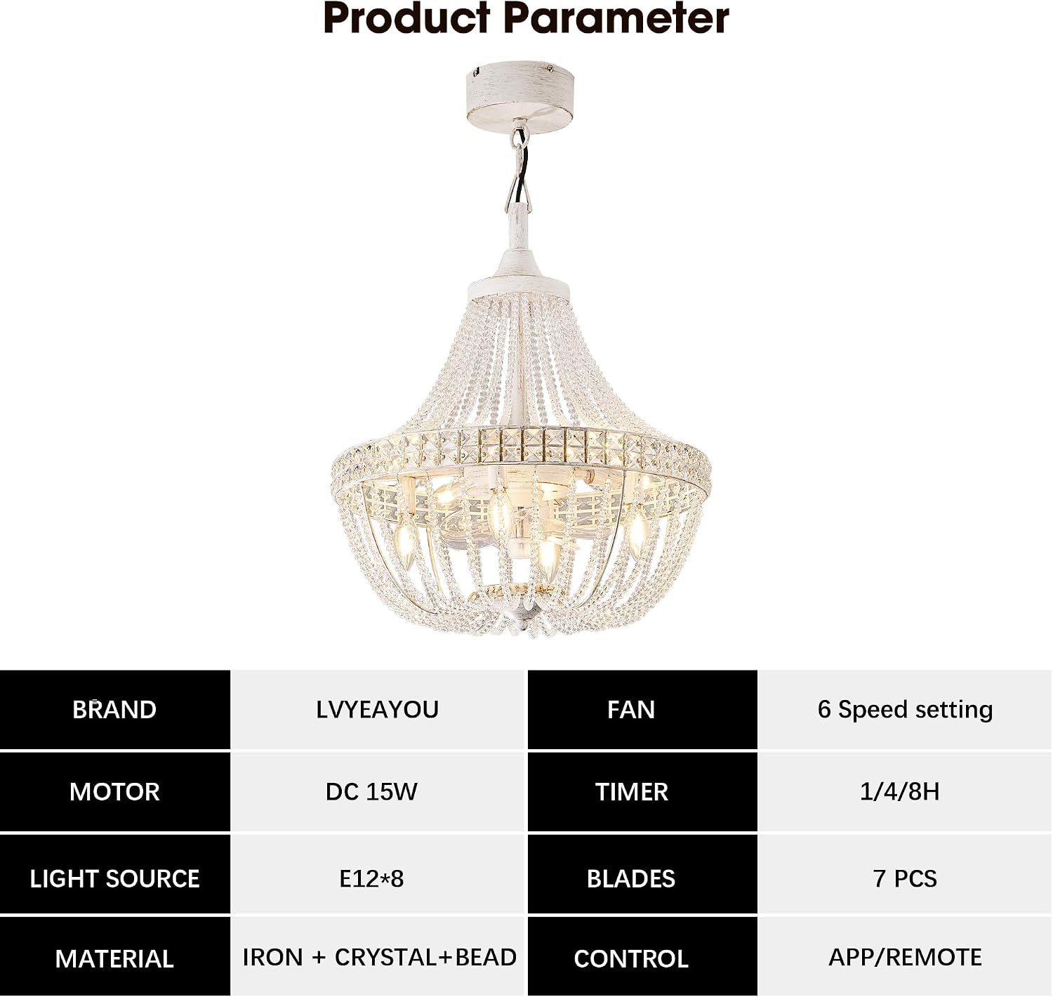 20' Modern Crystal Chandelier Ceiling Fan with Lights, Remote & App Control, 6 Speed, 8-Lights French Empire Fandelier, for Bedroom, Dining Room (Retro White)