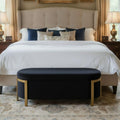 Hyfirm 48' Black and Gold Velvet Storage Ottoman Bench – Oval Upholstered Stool with Padded Seat, Long Settee for Bedroom, Living Room, End of Bed, Entryway, Hallway