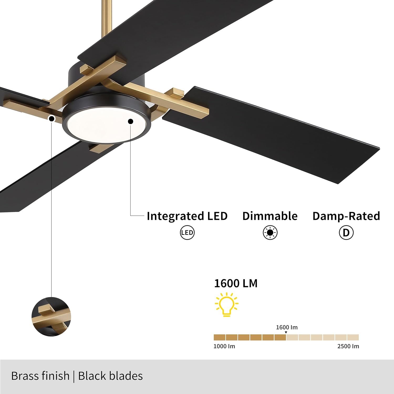WINGBO 54 Inch Ceiling Fan with Light and Remote, 4 Plywood Blades, 6-Speed Reversible DC Motor, Dimmable, 3CCT, Farmhouse Ceiling Fan for Bedroom Living Room Kitchen, Brass and Black