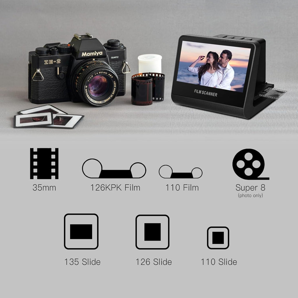22MP Film Scanner Digital Slide Scanner with 5in LCD Screen, Converts 35mm 126 110 135 Negatives, Built in 16GB Memory for Easy Storage