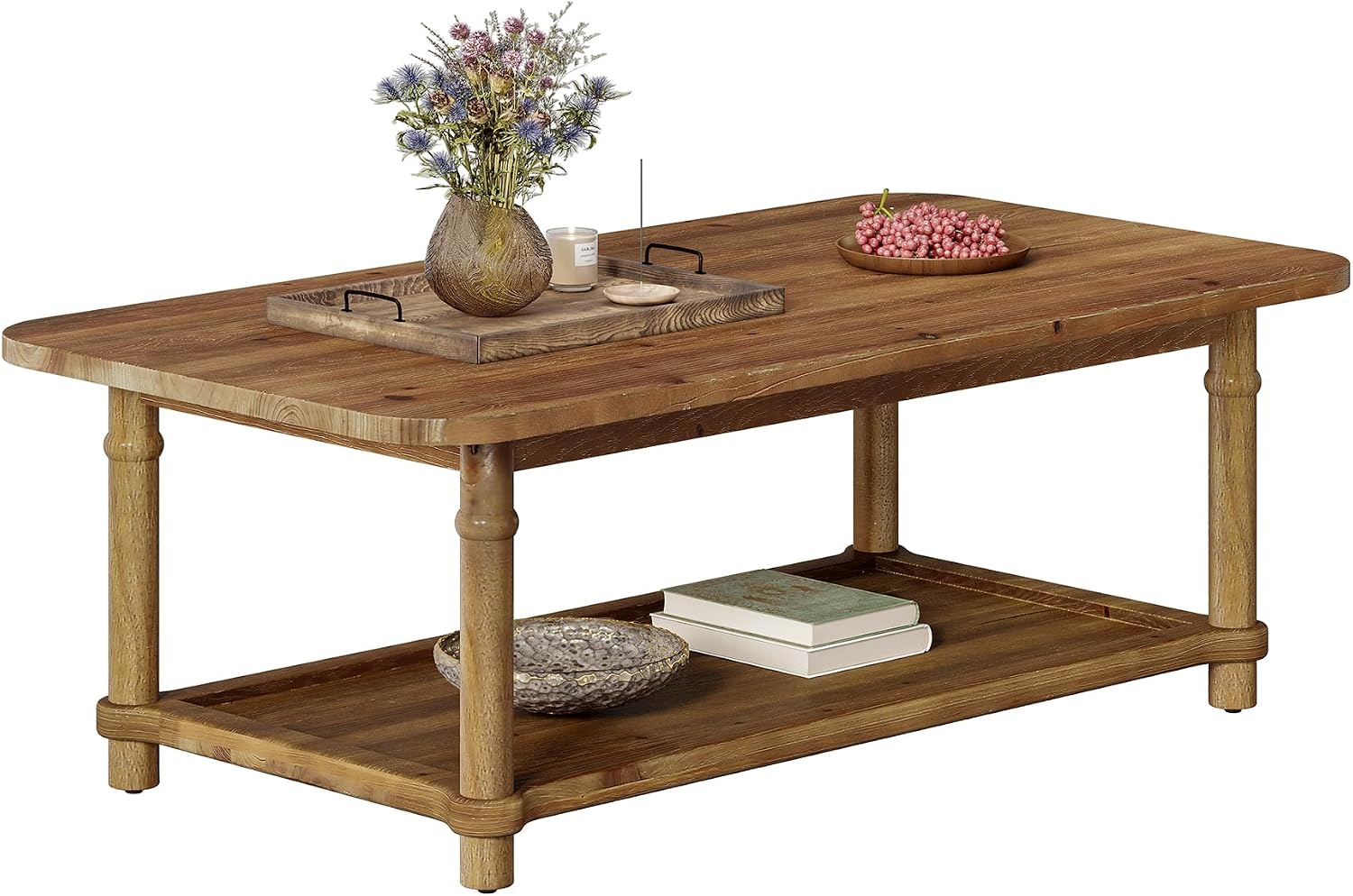 47' Rectangle Coffee Table, Solid Wood Center Table with 2-Tier Storage, Modern Farmhouse Coffee Furniture for Living Room, Home & Family Room, Natural Brown