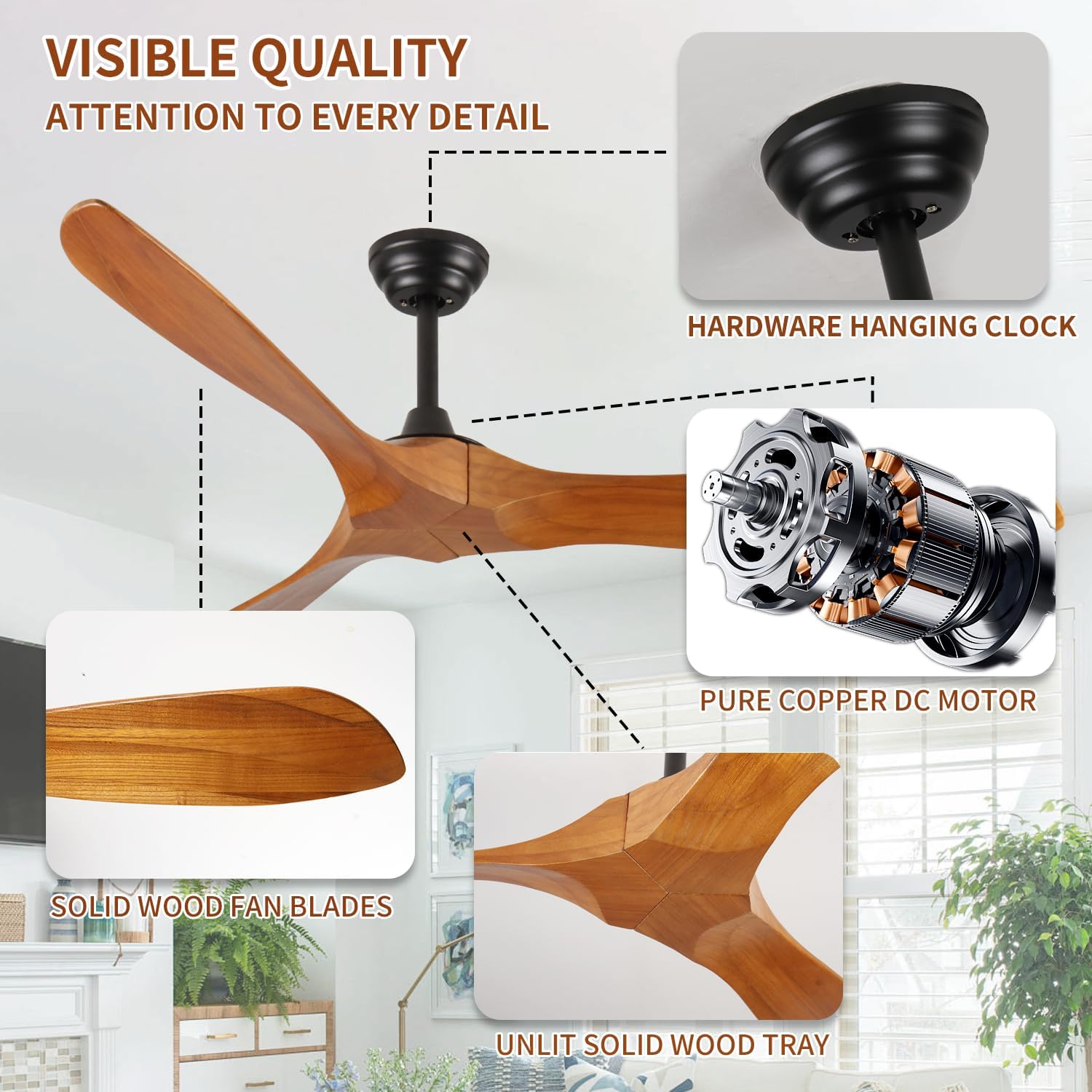 Ceiling Fan No Light 60 Inch Wood Ceiling Fans Without Lights for Bedroom Living Room Indoor Outdoor Outside Reversible ETL DC Motor Ceiling Fan for Angled Sloped Ceiling