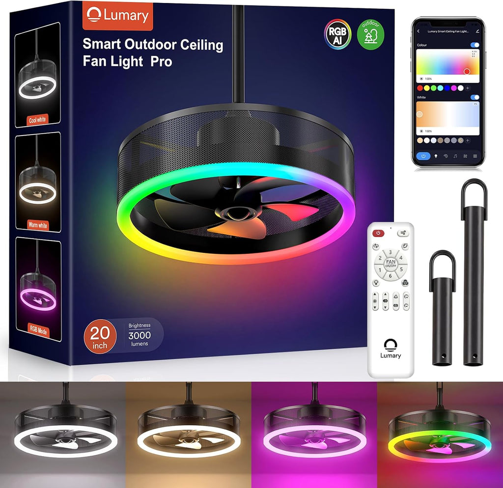Lumary Smart Outdoor Ceiling Fans with RGBAICW Lights Pro, Wi-Fi Bluetooth Connect, 40+ Scene, Work with Alexa Google, Waterproof Plug in Caged Fan with Hook/Remote/APP Control for Patios Gazebo, 20in