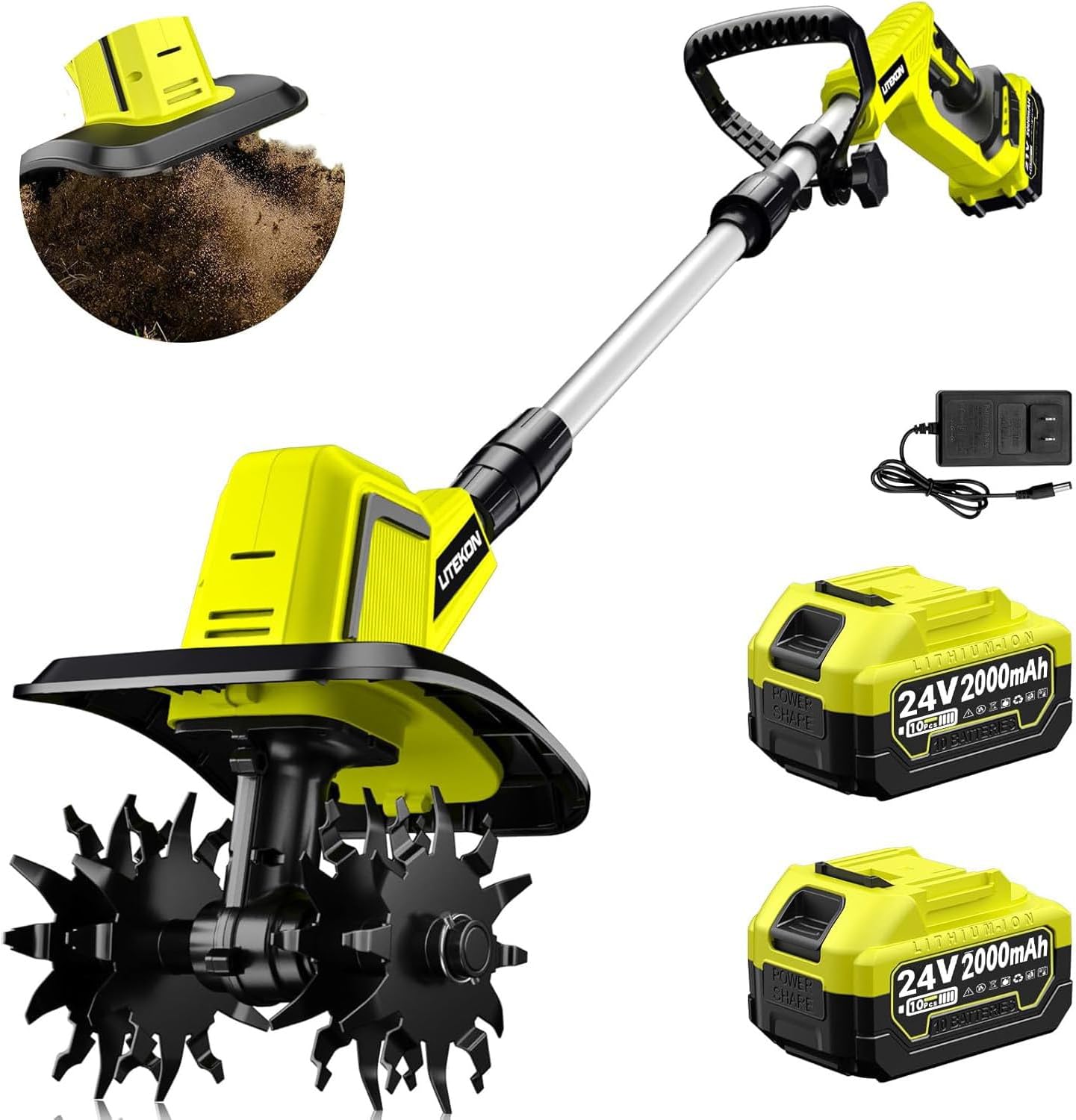 Cordless Tiller Cultivator with 2 x 2.0AH Batteries(120Minutes Use) &1.5A Fast Charger, 540RPM Powerful Battery Powered Garden Tiller Electric Rototiller with 10In Tilling Width & 7In Depth