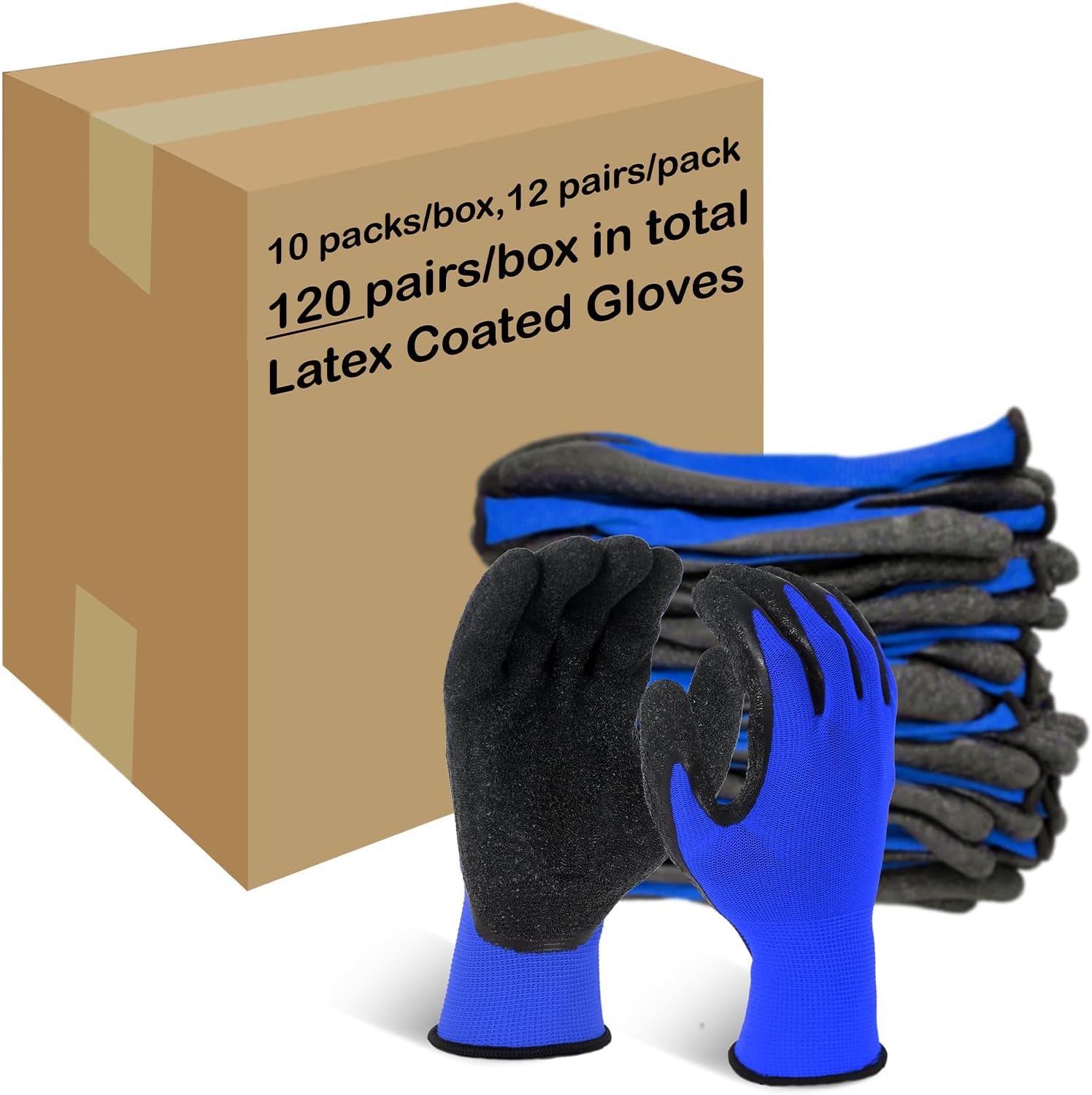 Evridwear Crinkle Latex Rubber Hand Coated Safety Work Gloves for Men Women General Multi Use Construction Warehouse Gardening Assembly Landscaping,Medium Blue 120 Pairs Pack