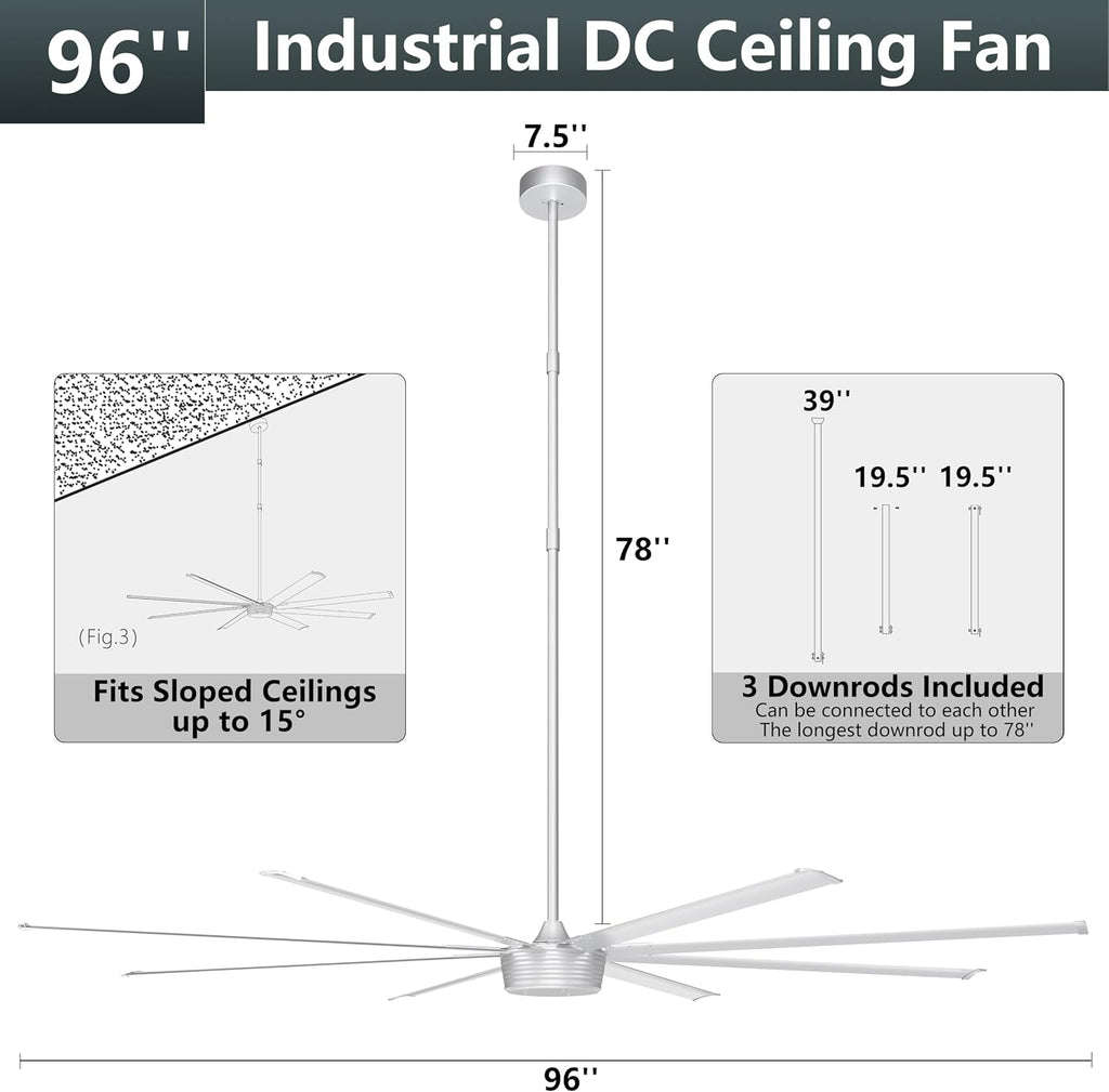 Ohniyou 96'' Industrial Ceiling Fan No Light - High CFM Large Metal Fan with 8 Aluminum Blades, Remote/APP Controlled, DC Motor, for Shop, Warehouse, Gym, Silver