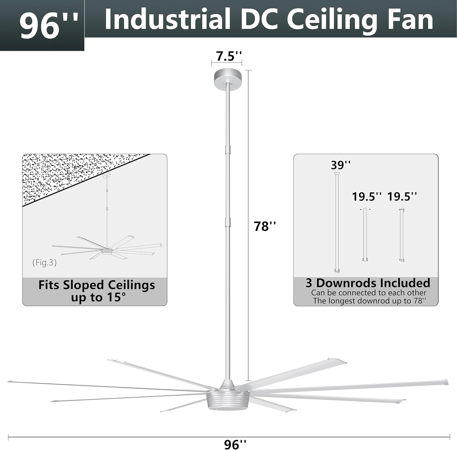 Ohniyou 96'' Industrial Ceiling Fan No Light - High CFM Large Metal Fan with 8 Aluminum Blades, Remote/APP Controlled, DC Motor, for Shop, Warehouse, Gym, Silver