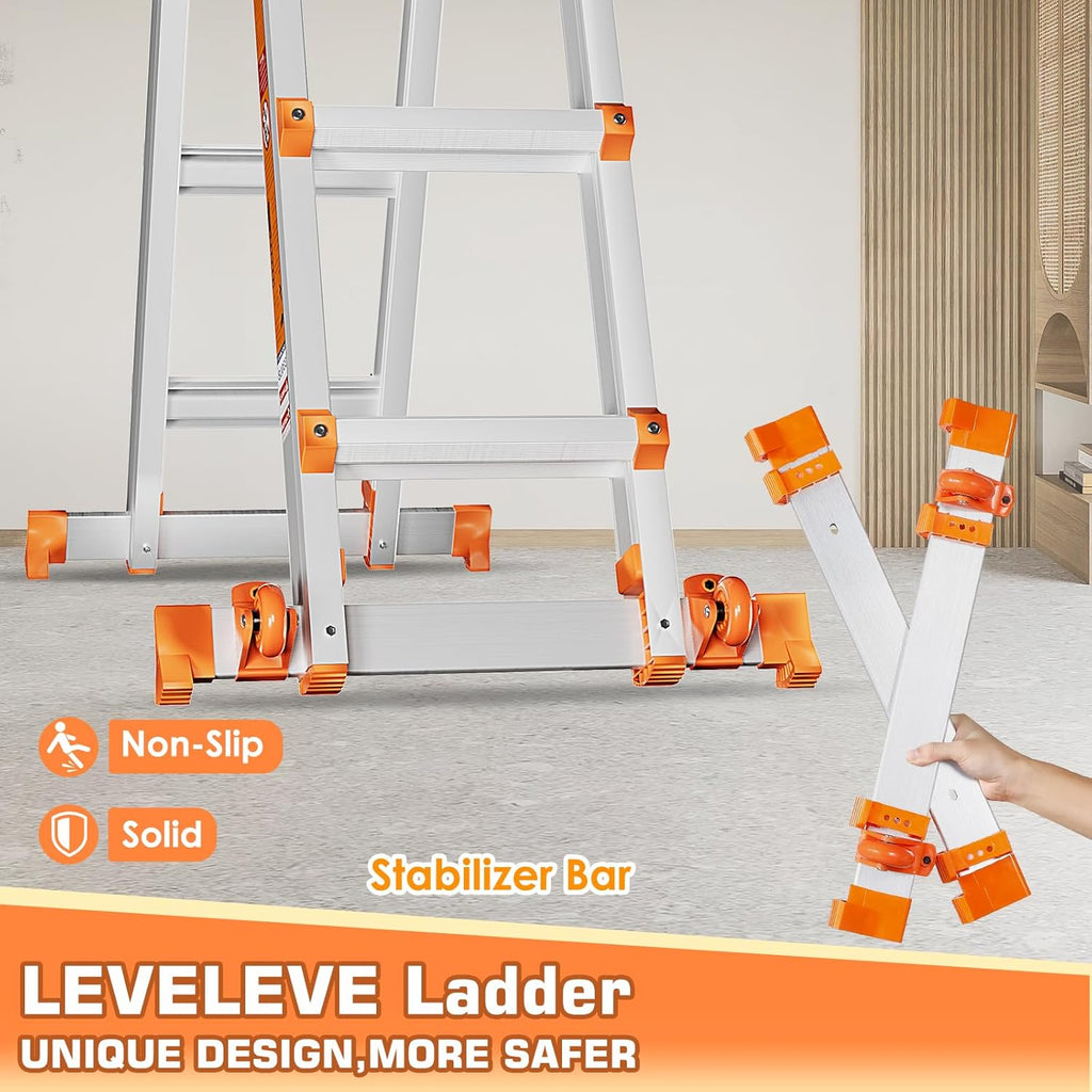 LEVELEVE 11FT Multi Position Ladder,A Frame 3 Step Ladder with Stabilizer Bar & Wheels,330 lbs Security Load Extension Ladder for Stairs Home Indoor Outdoor Roof