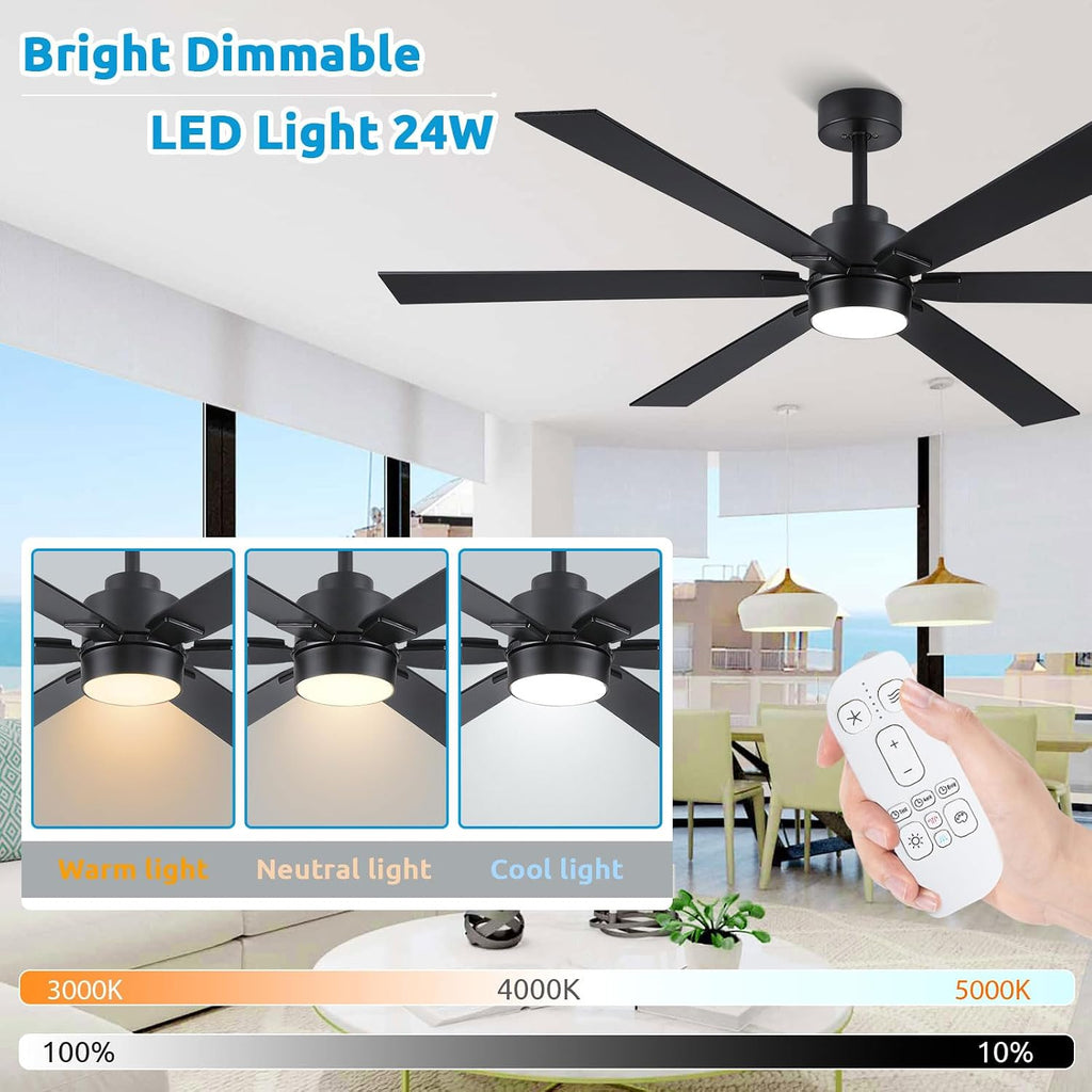 66 Inch Outdoor Ceiling Fan with Light, Large Matte Black Industrial Ceiling Fan with 6 Reversible Blades, High CFM Quiet DC Motor Exterior Fan for Porch Garage Shop Commercial