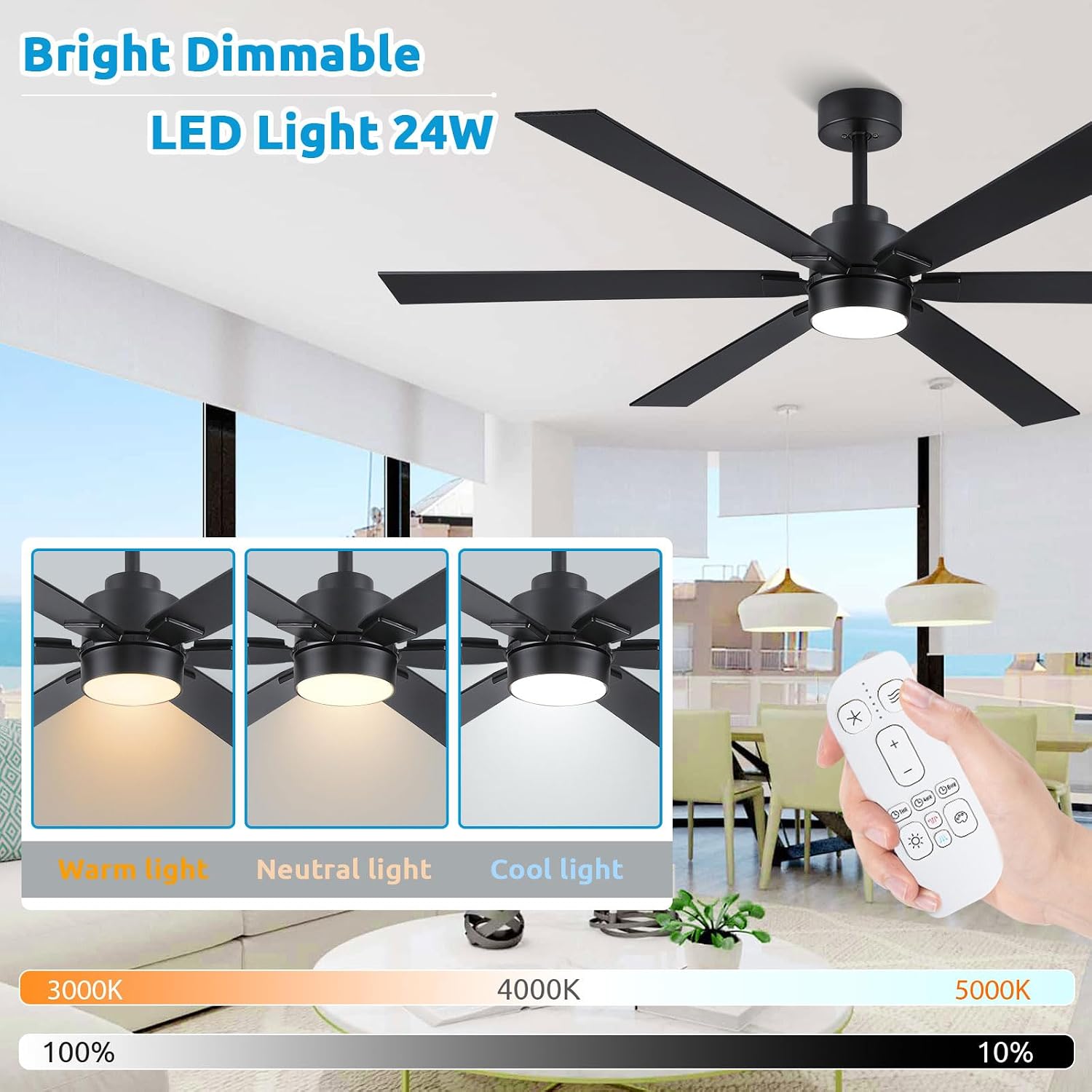66 Inch Outdoor Ceiling Fan with Light, Large Matte Black Industrial Ceiling Fan with 6 Reversible Blades, High CFM Quiet DC Motor Exterior Fan for Porch Garage Shop Commercial