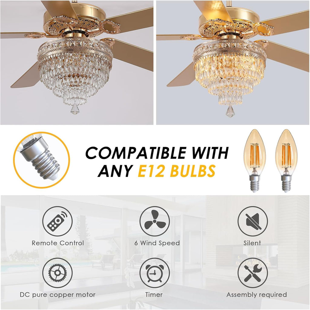 Asyko 62' Golden Crystal Ceiling Fan Fandelier with Lights - Modern Chandelier Fans with Remote Control，Noiseless DC Motor, Retro/Farmhouse Lighting, Dining Room,Living Room