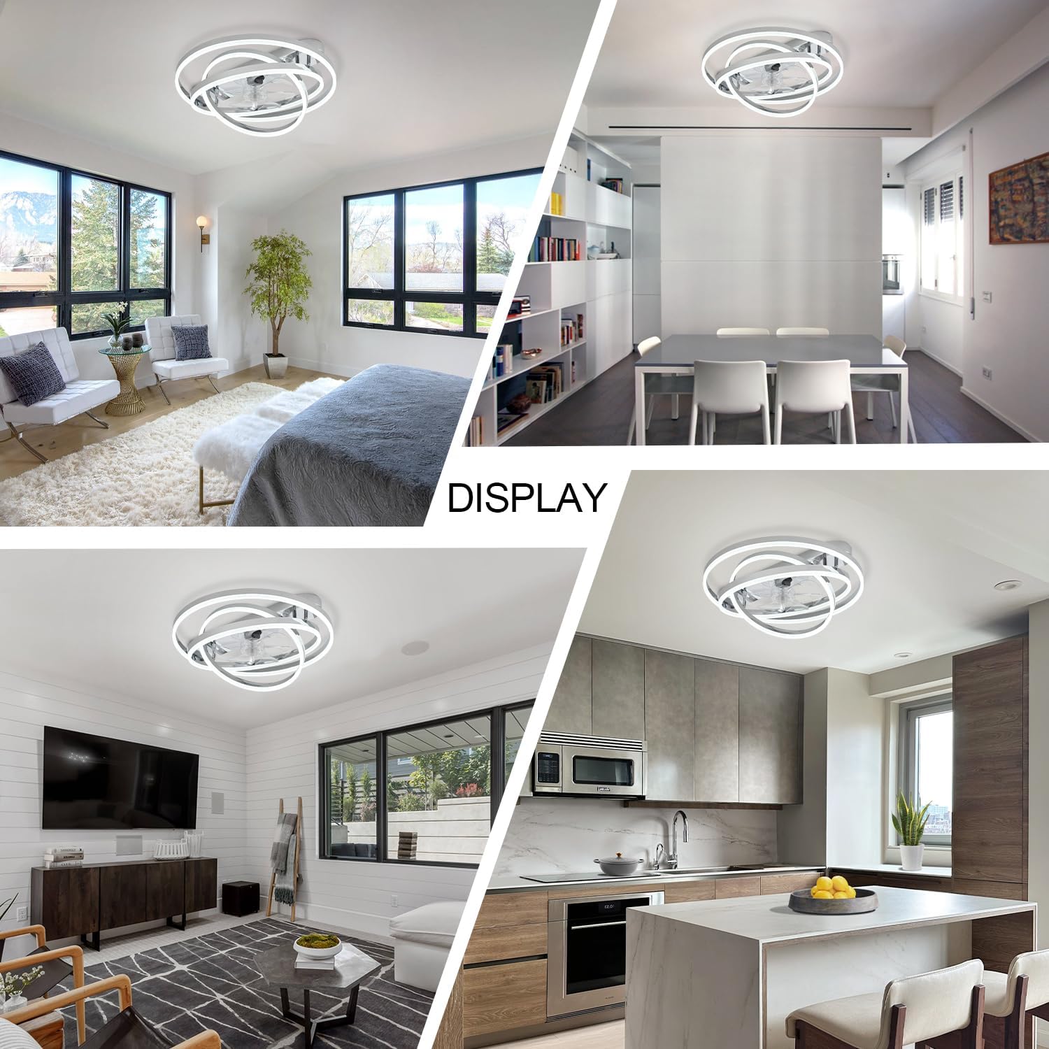 24' Modern Ceiling Fans with Lights and Remote Control,Reversible DC Motor,Dimmable,DIY Rings LED,Flush Mount Low Profile Ceiling Fan with Light for Living Room/Dining Room/Bedroom