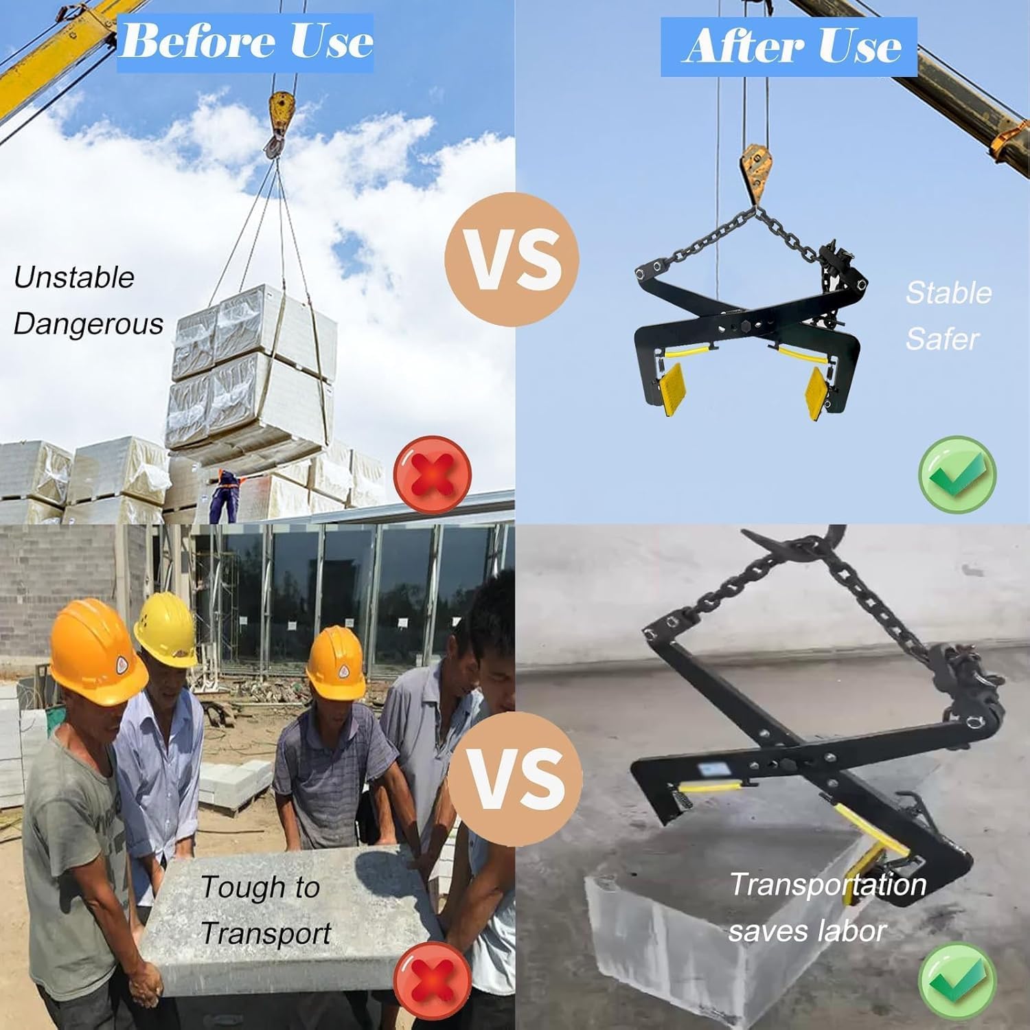 Heavy Duty Granite Steel Plate Lifting Clamps with Rubber Chuck - Chain Link Type, Vertical Clamp for Safe Lifting,Black-Opening 4.7-14.2in