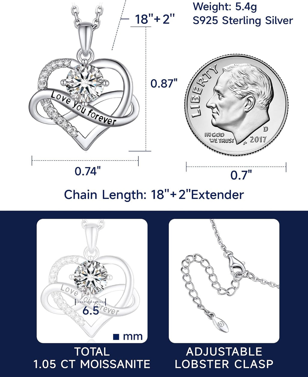 MomentWish Heart Necklace for Women, Jewelry Gifts for Her, D Color VVS1 Moissanite Necklace in 925 Sterling Silver, Infinity Pendent for Birthday Anniversary Mother's Day