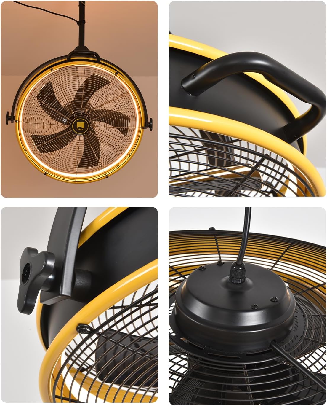 Orison 24.8'' Outdoor/Indoor Garage Ceiling Fan, 6 Speed Ceiling Mounted Plug-In Cord Garage Fan with Remote&APP, Manual Vertical Rotation, Hook hanging for Gazebo, Patio, Yellow