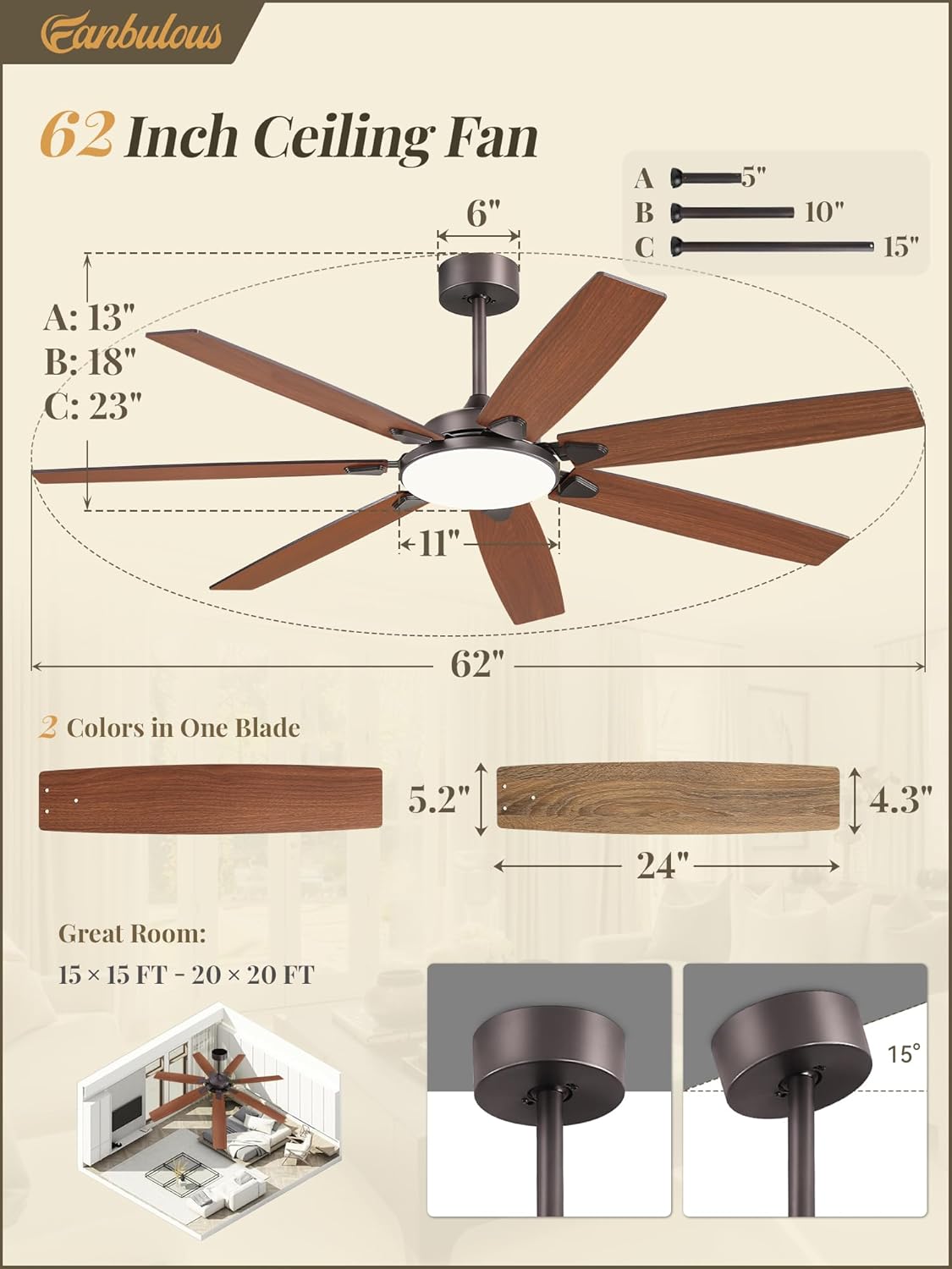 Fanbulous 62 Inch Large Ceiling Fans with Lights and Remote, Oil Bronze Modern Ceiling Fan with 3CCT LED Light, Quiet DC Motor,Indoor/Outdoor Ceiling Fan with 7 Dual Finish Blades for Living Room