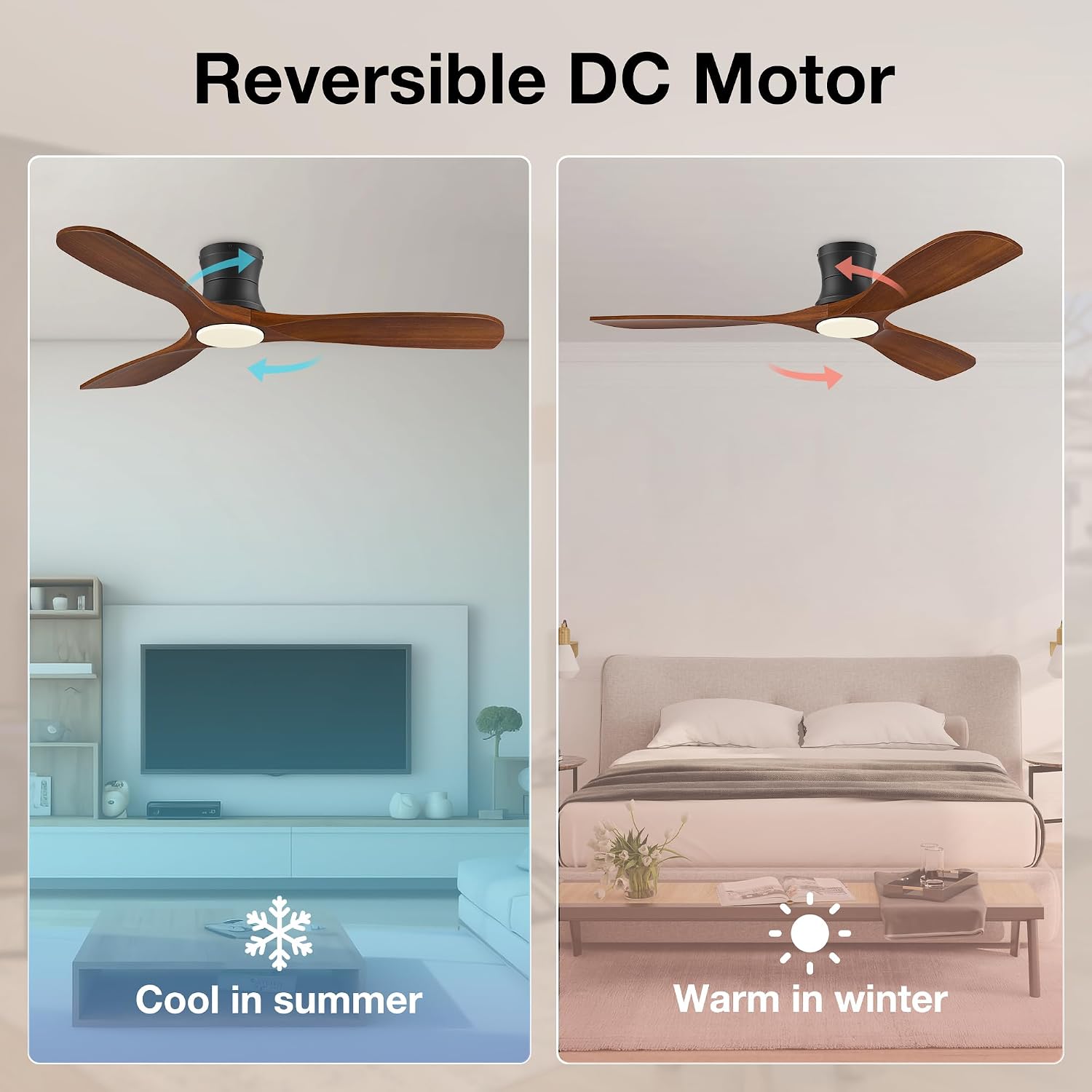 52 Inch Wood Ceiling Fans with Lights Remote,Low Profile Flush Mount Ceiling Fan with Light,Outdoor Indoor Modern Hugger Ceiling fan for Patio Bedroom,Walnut Brown& Black,3 Blades,6 Speeds,Ultra-Quiet