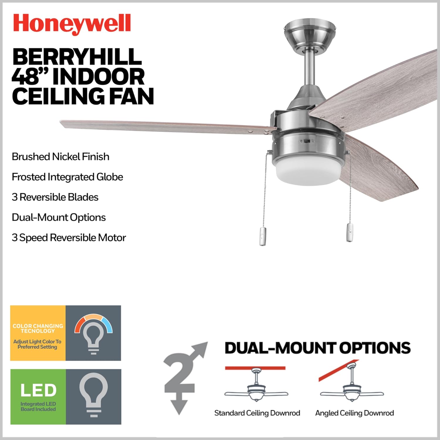 Honeywell Ceiling Fans Berryhill, 48 Inch Ceiling Fan with Color Changing LED Light, Pull Chain, Dual Mounting Options, 3 Dual Finish Blades, Reversible Airflow - 51857-01 (Brushed Nickel)