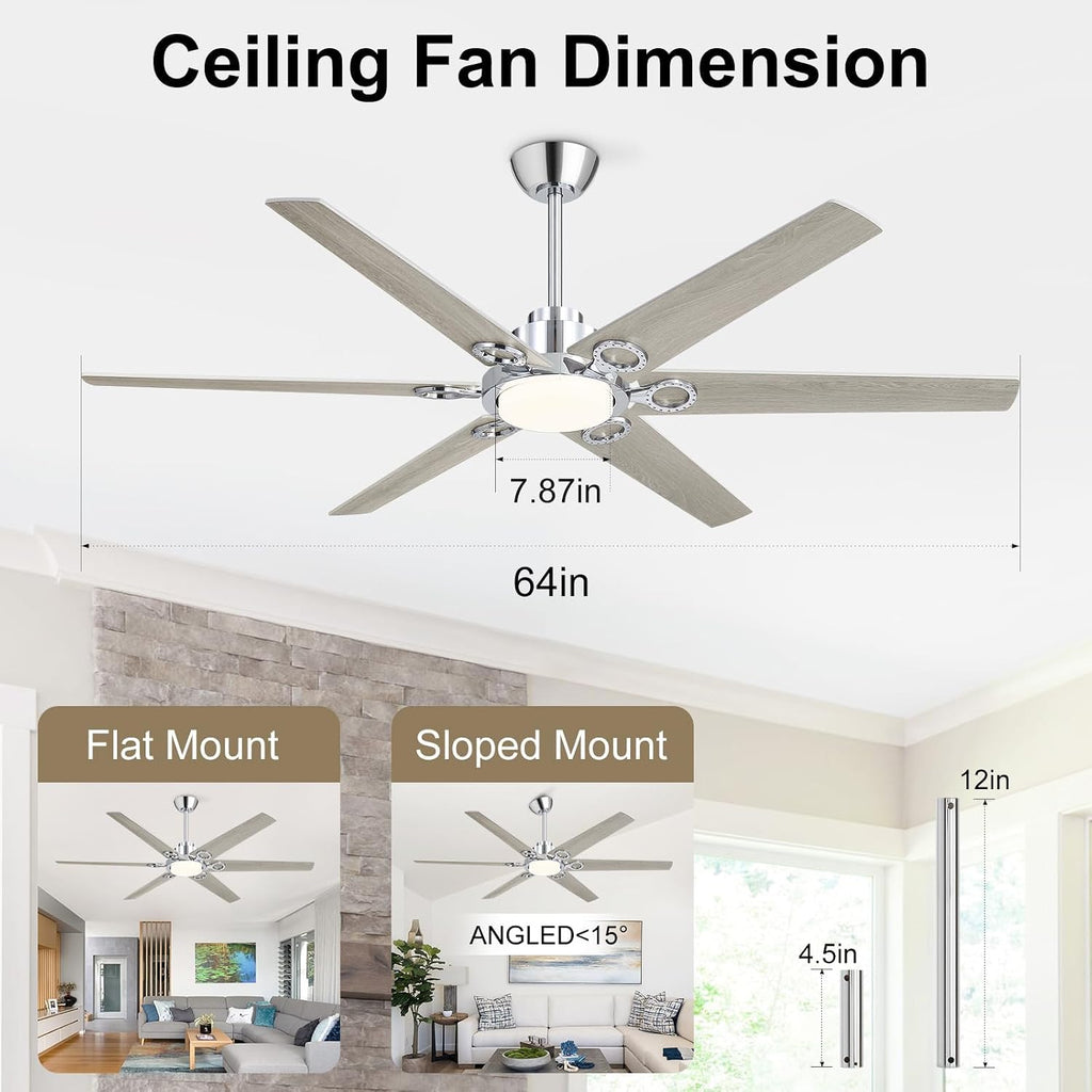 WINGBO Ceiling Fan with Lights - 64 inch Ceiling Fan with Remote,3CCT, Dimmable Light,6 Blades Modern Ceiling Fan, 6-Speed Noiseless Powerful DC Motor, ETL Listed, Indoor/Outdoor, Chromium + Grey