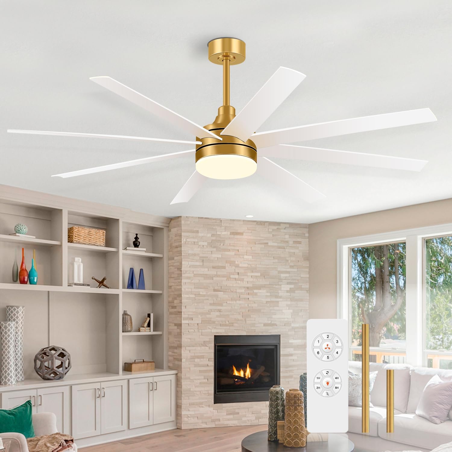65 Inch Ceiling Fan with Lights and Remote, 8 ABS Blades, Quiet Reversible DC Motor, 6-Speed, Timer Function, 3 Color Led Light Chandelier, Industrial Ceiling Fans for Bedroom Office (Gold & White)