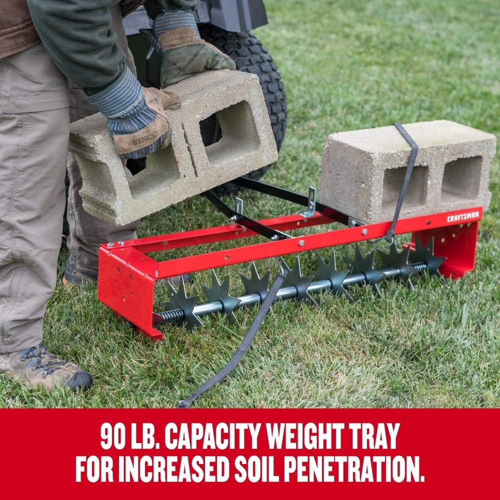 CRAFTSMAN (CMXGZBF7124336), 36-Inch Tow Spike Tow Behind Spike Aerator for Aerating Lawns; 9 Galvanized Steel Disks, 90lbs Capacity Weight Tray for Better Aeration, Universal Hitch, Red