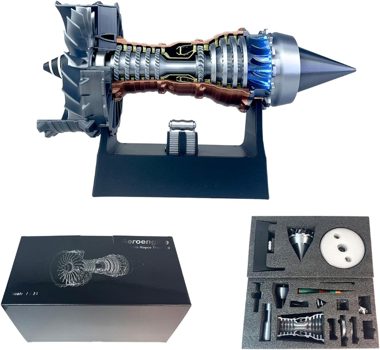 TR900 Turbofan Engine Model, Adjustable Speed Aircraft Turbojet Engine with LED Light, Mechanical Science Aero Engine Education Toy Desk Decor for Adult Hobbyists,28cm (Assembly Version -Blue Light)
