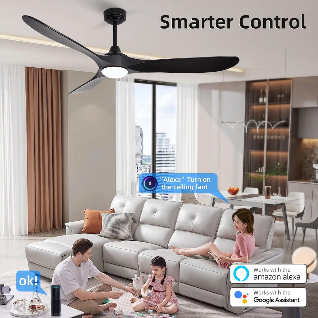 60' Outdoor Ceiling Fan with Light 3 Downrods, Smart Wood Ceiling Fan Compatible with Alexa/Google/App, 3 Blades Modern Black Wood Ceiling Fans for Kitchen Living Room Patio