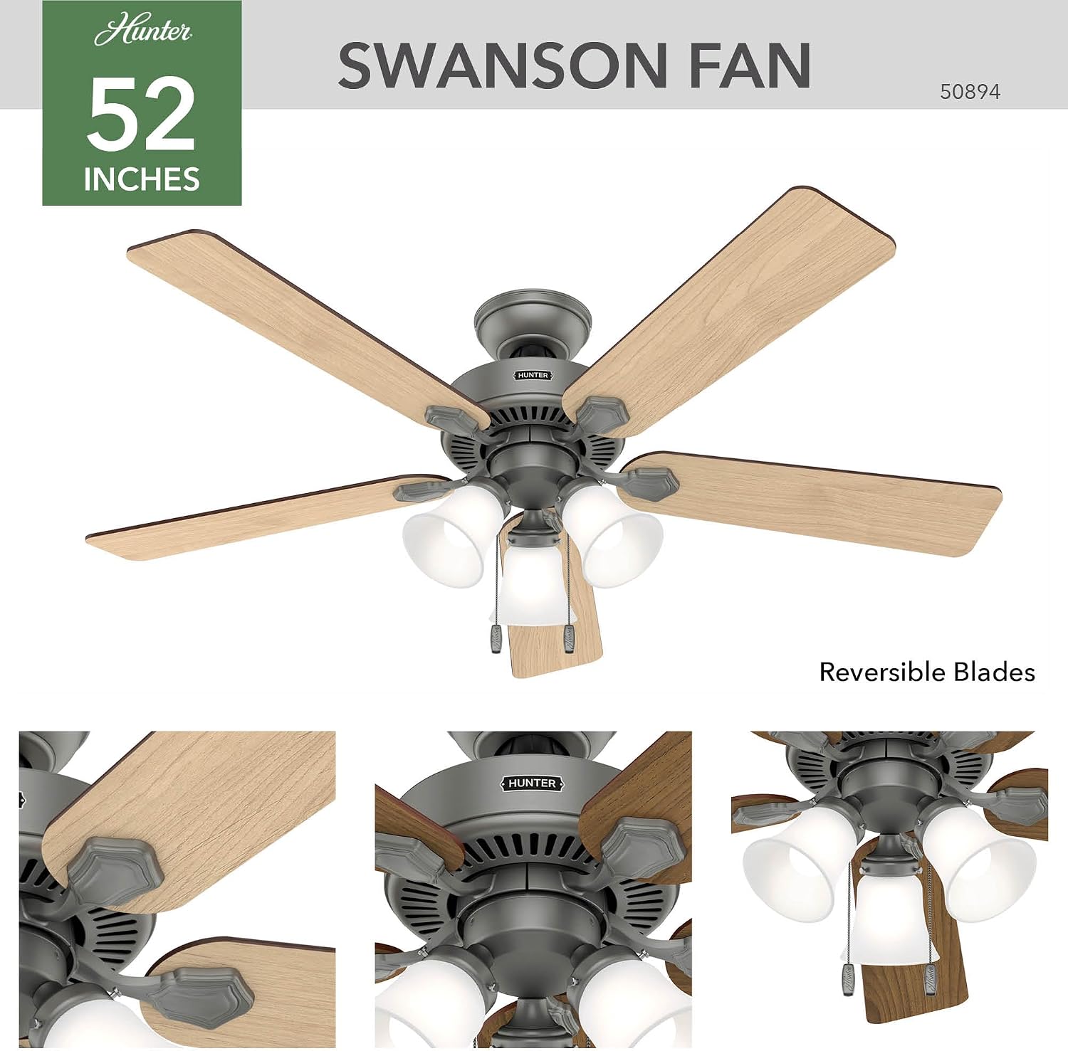 Hunter 52 inch Indoor Ceiling Fan with LED Lights - Ceiling Fan with Pull Chain, For Bedroom, Living Room, or Kitchen, Standard Mount, No Remote, 5 Blades - Swanson 50894, Matte Silver