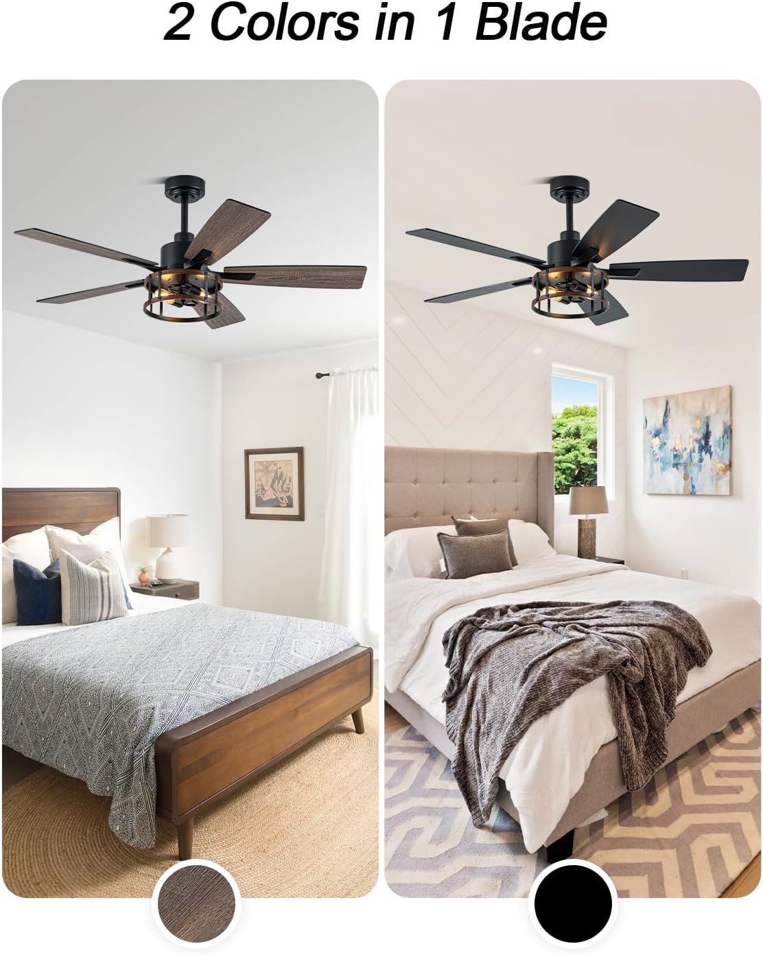 Rustic Ceiling Fan with Lights and Remote, Large Farmhouse Ceiling Fan Caged Fandelier Chandelier, Reversible Quiet DC Motor 6 Speeds for Living Room (Rustic Cage, 52 Inch)