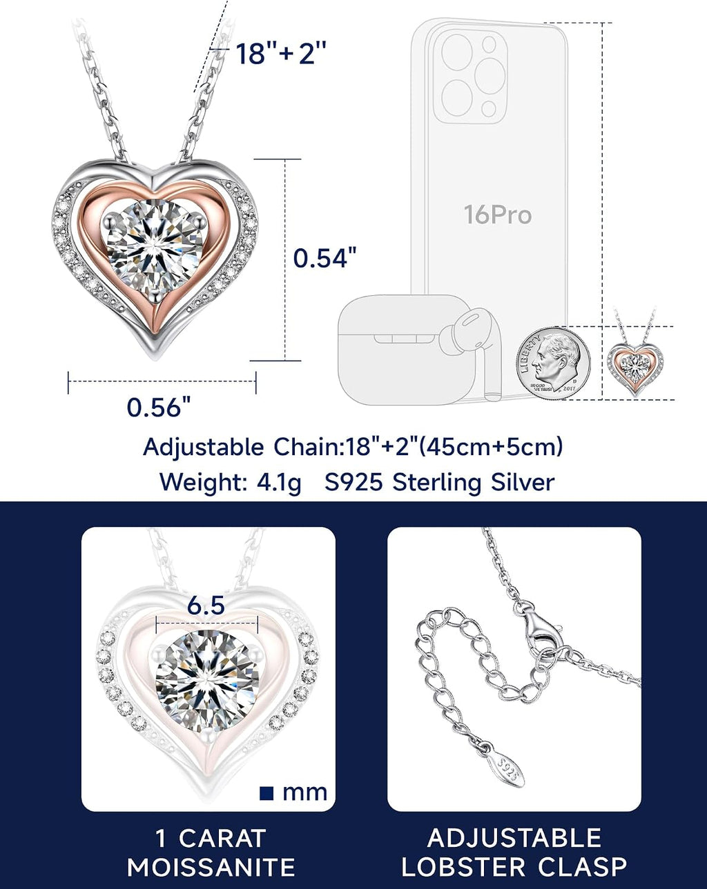 MomentWish Heart Necklace for Women Moissanite, Simulated Diamond, 925 Sterling Silver