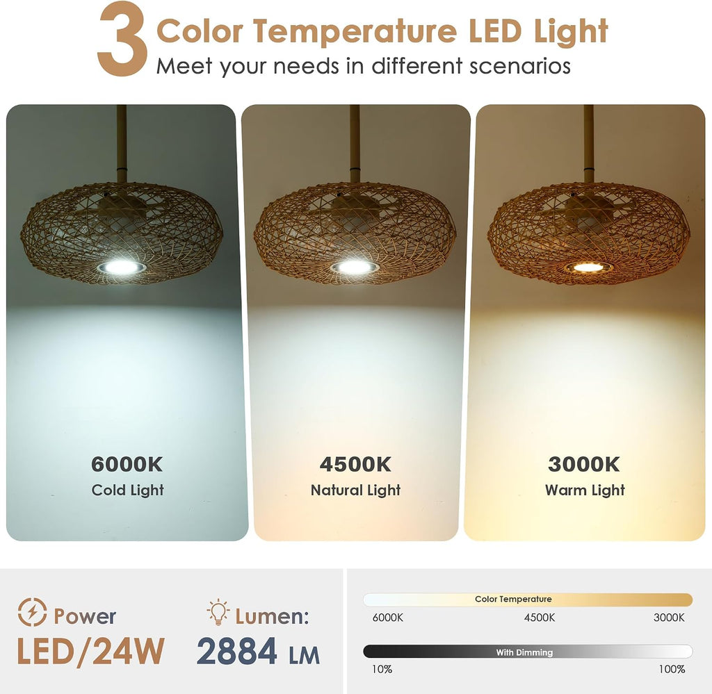 PAZALA 20' Outdoor Gazebo Fan with Light, Plug in Hanging Ceiling Fan for Covered Patio Pergola Porch, Remote & APP Control, 3CCT Dimmable LED, 6-Speed Reversible DC Motor, Brown Woven Caged Boho Fan