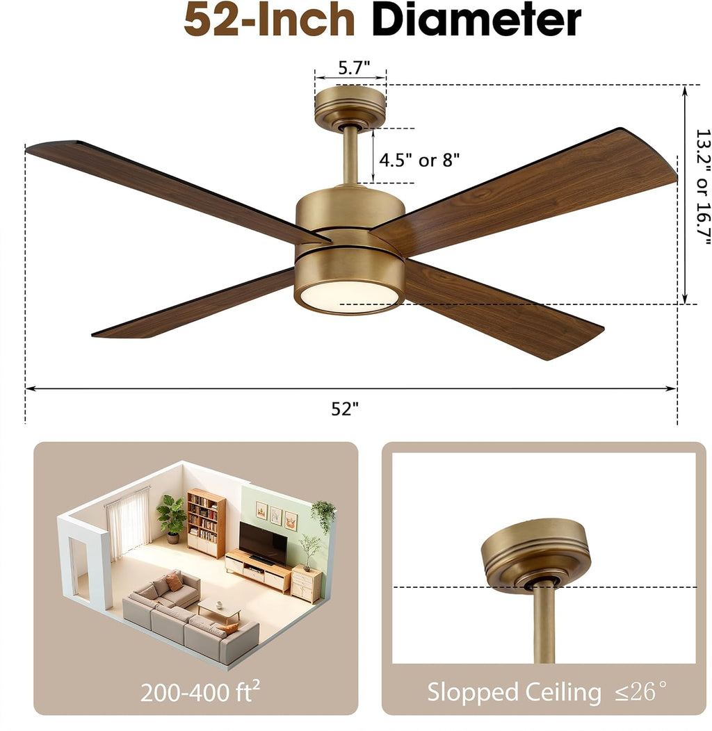 52 Inch Gold Ceiling Fan with Lights and Remote, APP Control, Quiet Reversible DC Motor, Dimmable LED Ceiling Fan, Modern Indoor Ceiling Fan for Bedroom Living Room Dining Room