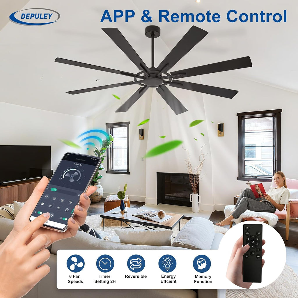 Ceiling Fan Without Light: 72 Inch Big Indoor Outdoor Fan with Remote APP Control - Black Wood Grain Large Ceiling Fan no Light 8 Blade Reversible Quiet DC Motor Memory Function Timer