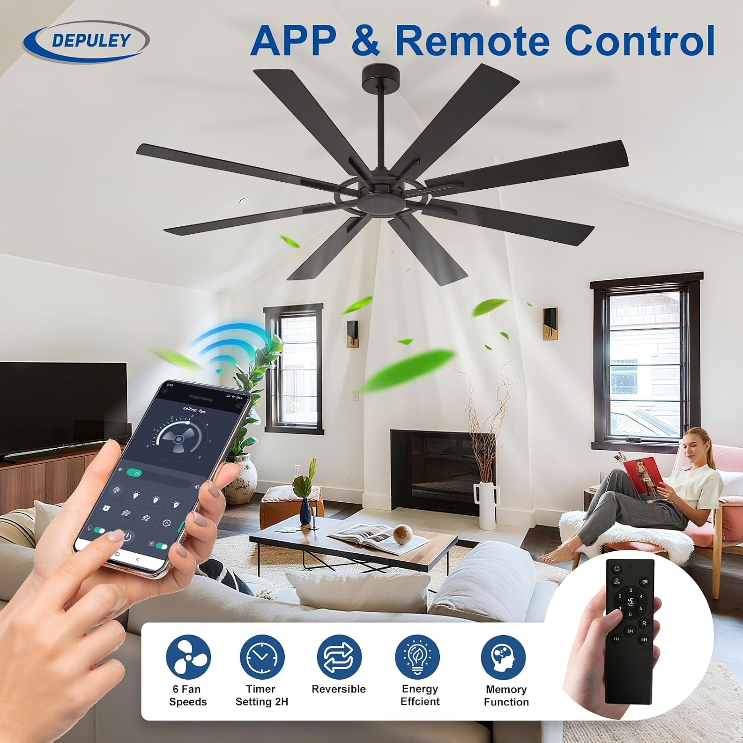 Ceiling Fan Without Light: 72 Inch Big Indoor Outdoor Fan with Remote APP Control - Black Wood Grain Large Ceiling Fan no Light 8 Blade Reversible Quiet DC Motor Memory Function Timer