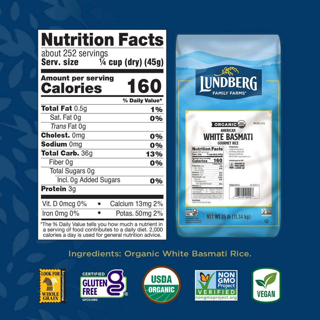 Lundberg Basmati Rice, Organic Long Grain White Rice - Non-Sticky, Fluffy, Nutty, Aromatic Rice, Vegan Food, Healthy Meals, Gluten-Free Rice , 25 Lbs