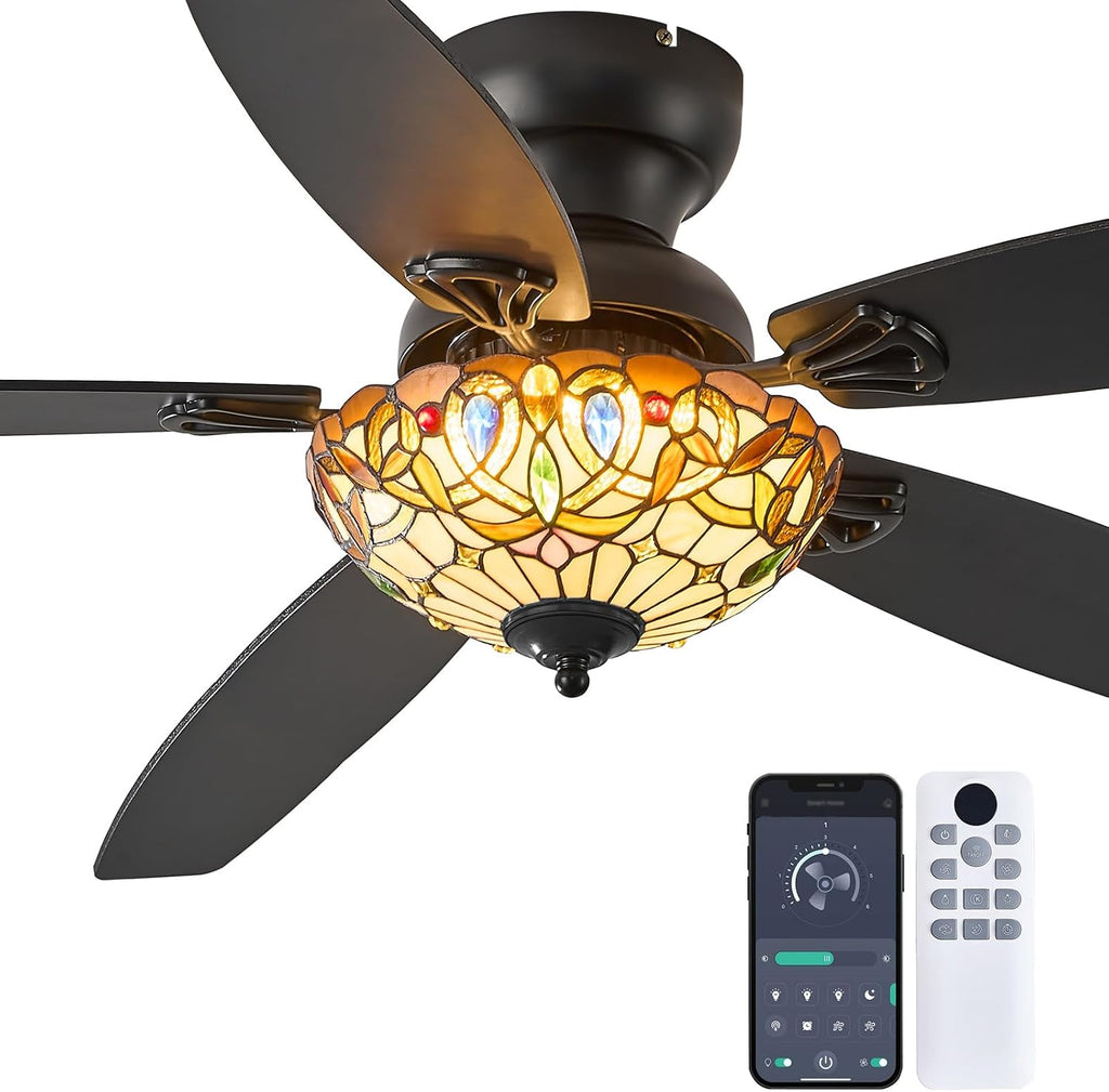 Ceiling Fans with Lights - 52' Ceiling Fan Chandelier with 5 Dual-Blades and Glass Shade, 6 Speeds and Reversible, Indoor and Outdoor, Retro Style