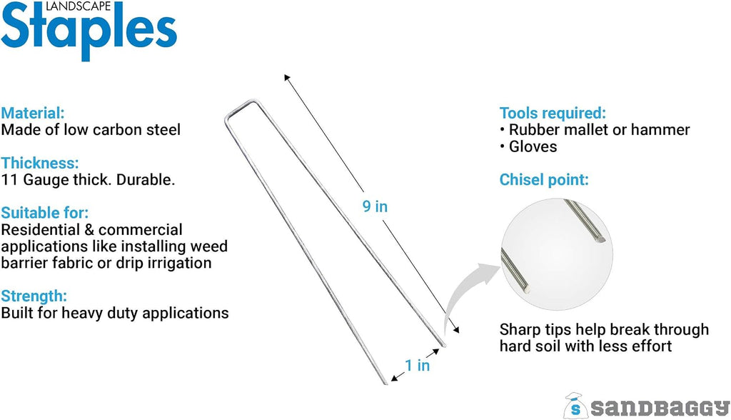 Sandbaggy Landscape Staples 9 Inch Extra Long (11 Gauge) ~ Fabric Pins Garden Lawn Heavy Duty - Fence Anchors - Great for Soft Sandy Soil - Trusted by Farmers & Contractors Across USA (1,000 Staples)
