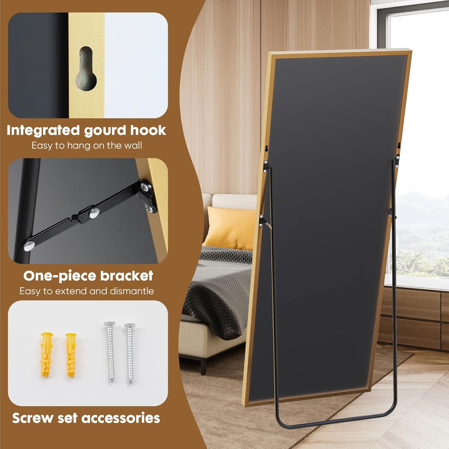 DUMOS 70.4'x25.6' Full Length Mirror with Stand, Floor Body Mirrors Shatter-proorf Nano Glass with Aluminum Frame, Free Standing or Hanging Leaning, Modern Simple for Home Decor, Gold