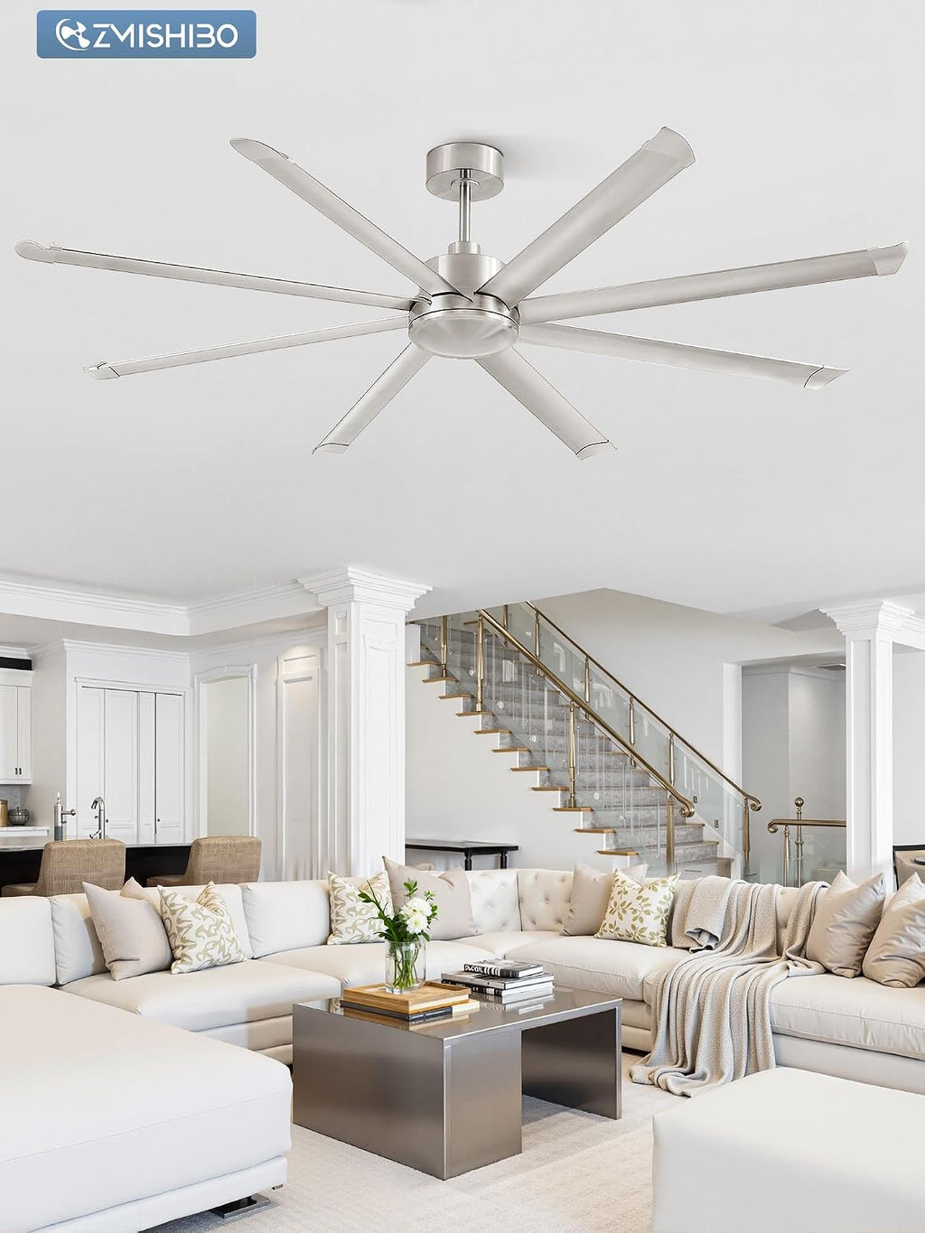 ZMISHIBO 84' Large Industrial Ceiling Fans No light with Aluminum 8 Blades, Commercial Ceiling Fan without Light, Quiet DC Motor, 6 Speeds, Indoor Outdoor Ceiling Fan for Patio, Garage, Shop,Nickel