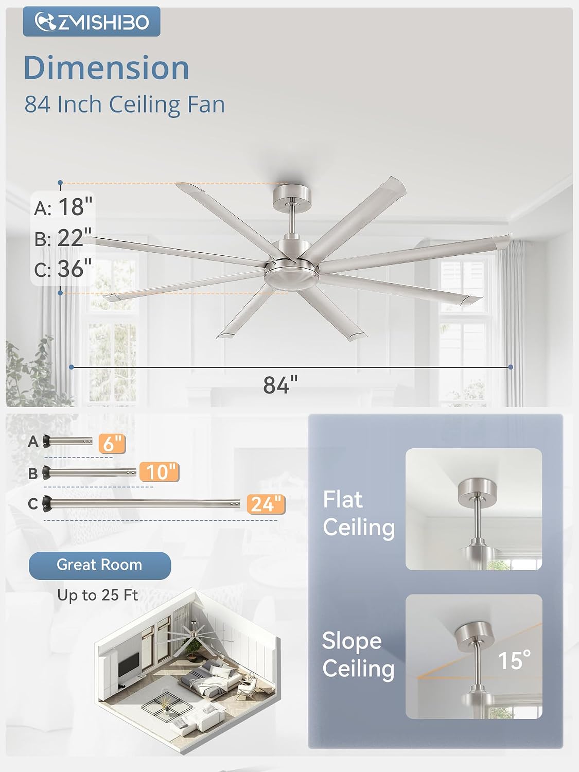 ZMISHIBO 84' Large Industrial Ceiling Fans No light with Aluminum 8 Blades, Commercial Ceiling Fan without Light, Quiet DC Motor, 6 Speeds, Indoor Outdoor Ceiling Fan for Patio, Garage, Shop,Nickel