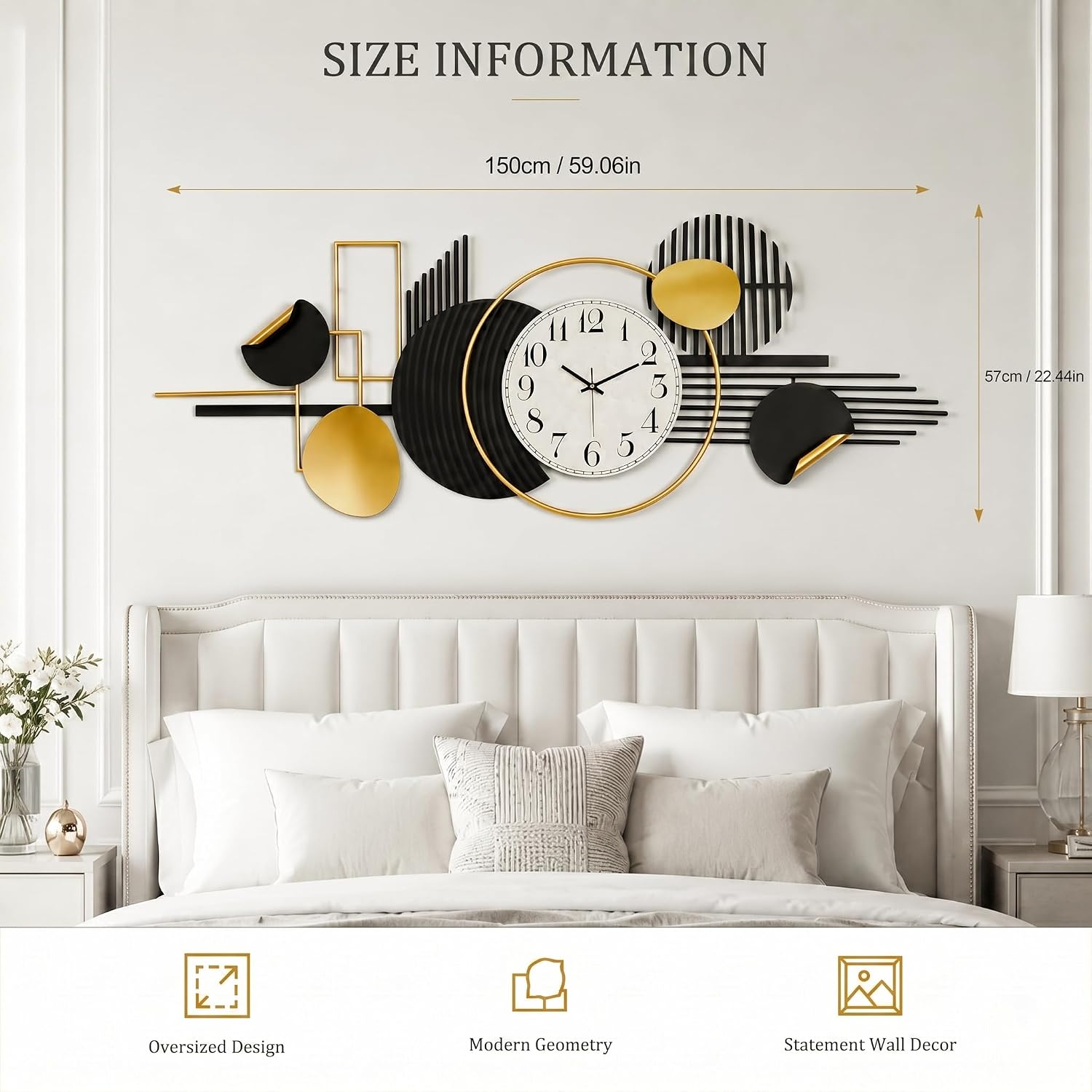 HAVFIFK 59' Large Metal Wall Clock,3D Silent Clock for Living Room | Layered Geometric Design, Easy to Install, Vertical or Horizontal Hanging Wall Art Decor for Bedroom, Dining Room, Office.