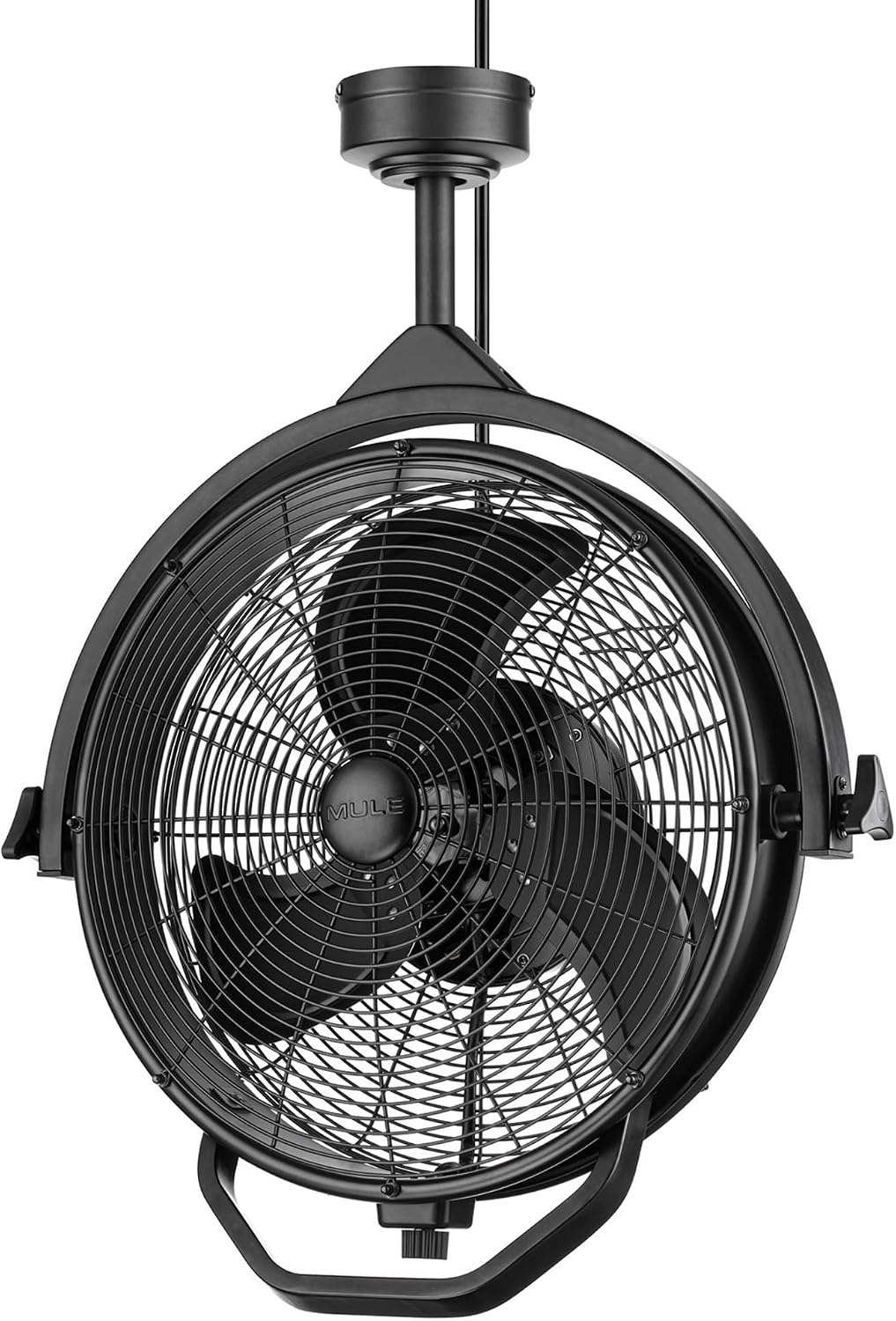 MULE Rugged Outdoor 18' Inch Fan, Dual Height Ceiling Mounting options, Standard 3-prong plug, 360-deg + up/down adjustable direction, 3-speeds, High Flow, 8 ft cord, Damp rated, Black Matte, 52008-5