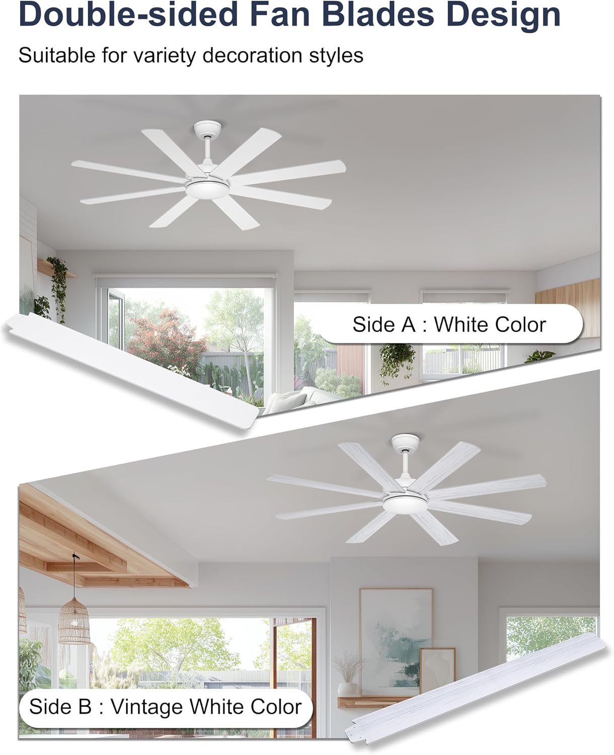 60 Inch Ceiling Fans Without Lights - 8 Blades White Ceiling Fan Remote/APP Control, Reversible Garage Ceiling Fan for Shop Living Rooms