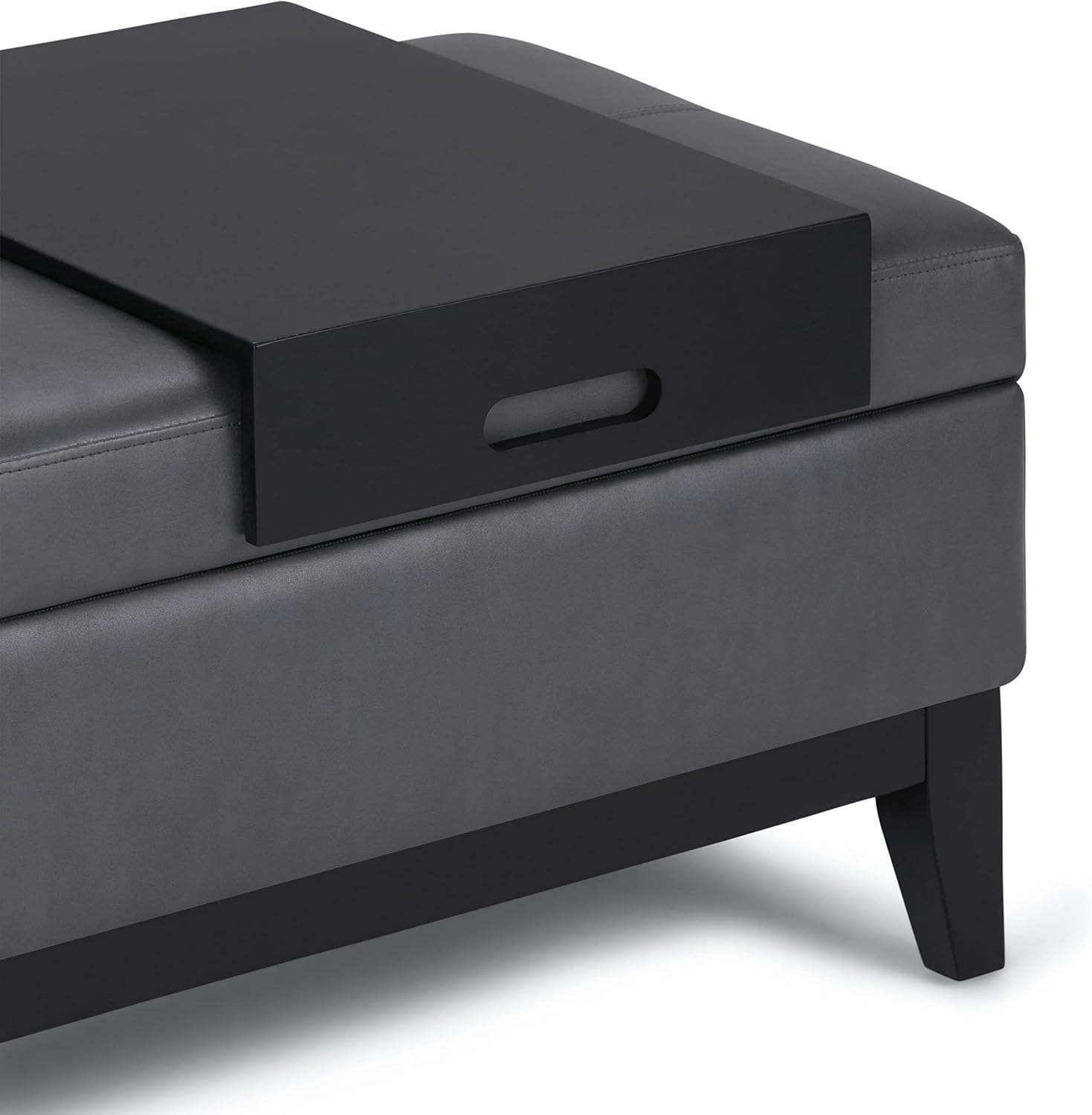 SIMPLIHOME Oregon Storage Ottoman Bench with Tray - 42 inch Wide Upholstered Vegan Leather Rectangle Storage Ottoman Bench in Stone Grey, Transitional Tufted Ottoman for Living Room with Lift-Up Lid