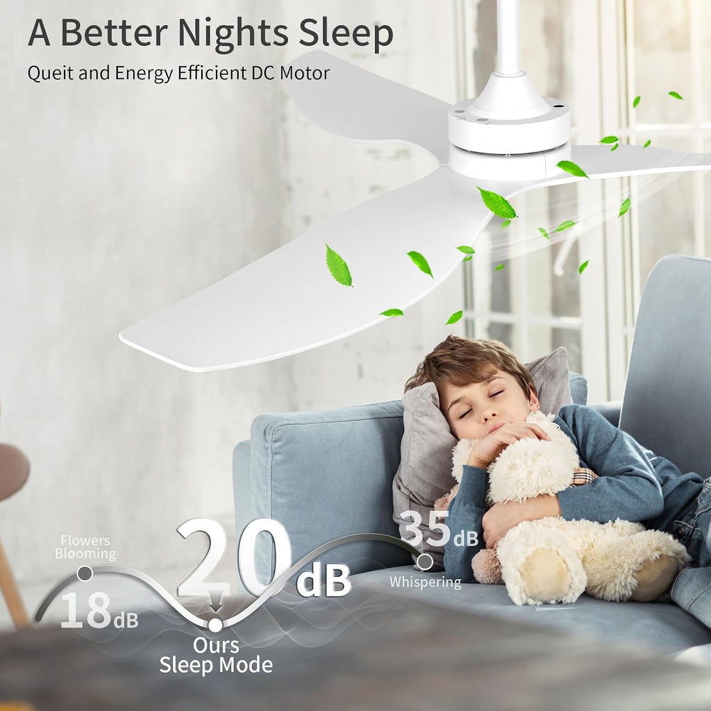 Ceiling Fans without Light,52 Inch Ceiling Fan with Remote Control,3 Reversible Blade,White Ceiling Fan for Bedroom, Living Room,Hallway