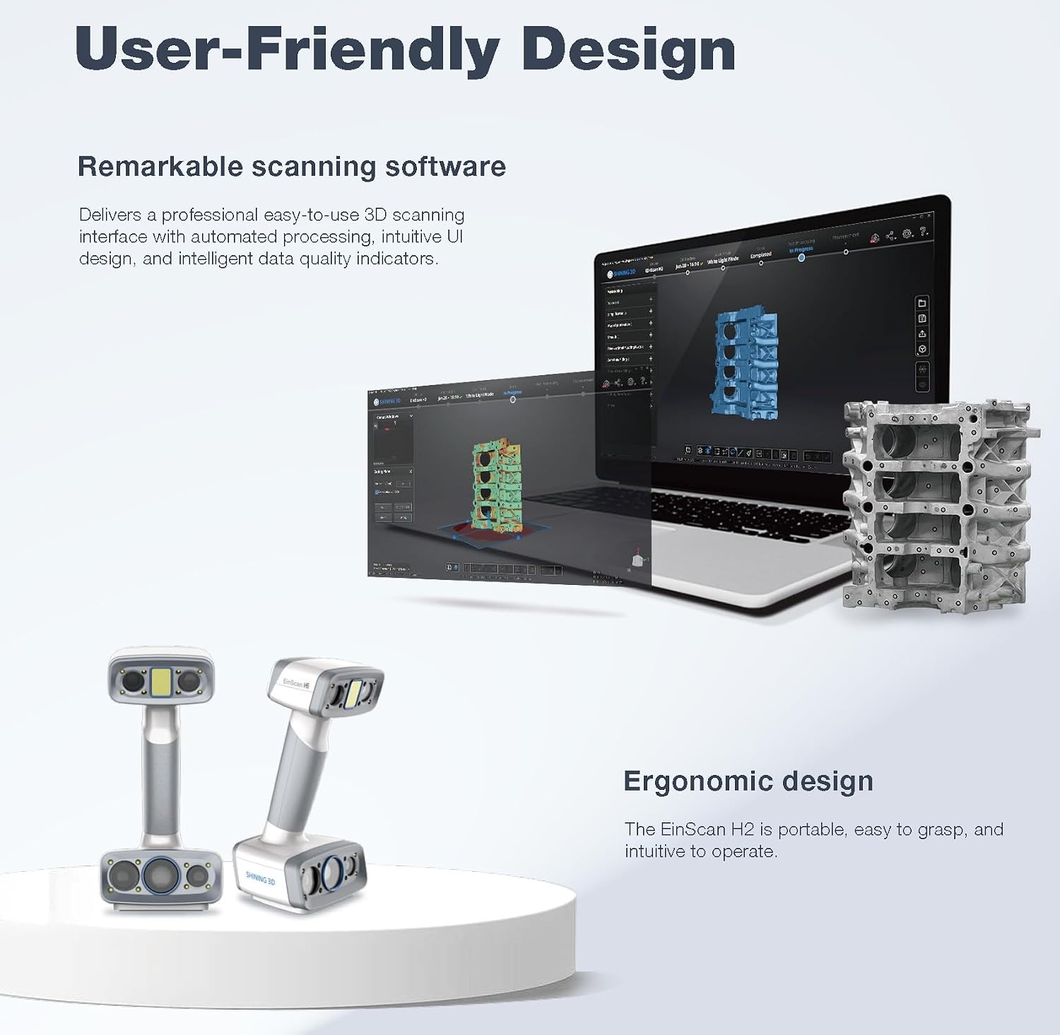 EinScan H2 Handheld 3D Scanner Pro- High Texture Resolution 3D Scanner for 3D Printing with Built-in Color Camera, Handheld Infrared Light for IR Mode, Shining Version CAD Software Compatible