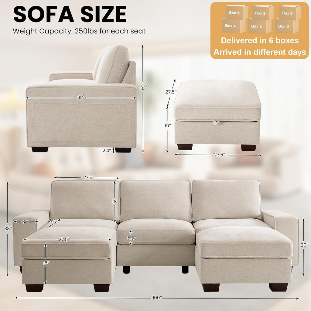 TEKAMON 100' Modular Sectional Sofa with Seats Storage, U Shaped Couch with 2 Movable Ottomans, Chenille Fabric Couch for Living Room, Spring Cushions, USB Port, Removable Covers, (Beige, U Shape)